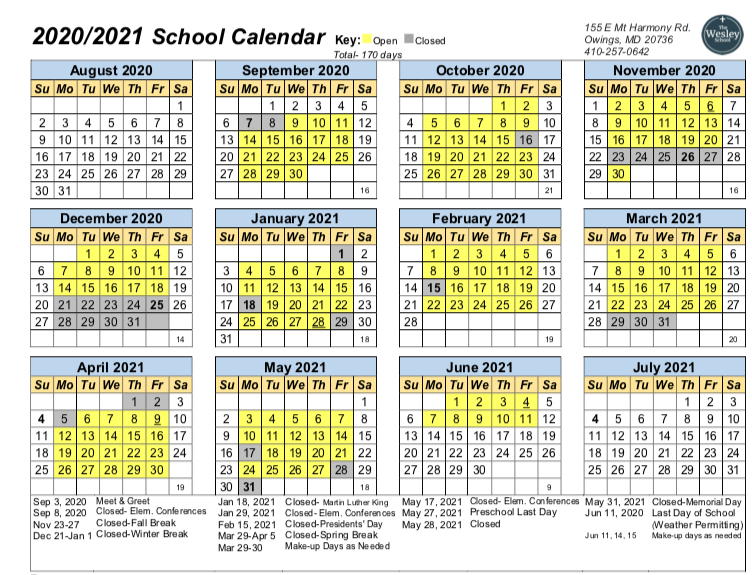Calendar 2020-21 | The Wesley School