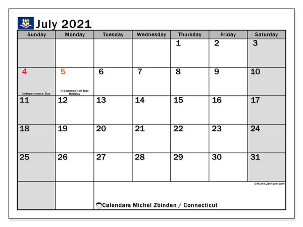 Calendar July 2021 - Connecticut - Michel Zbinden En
