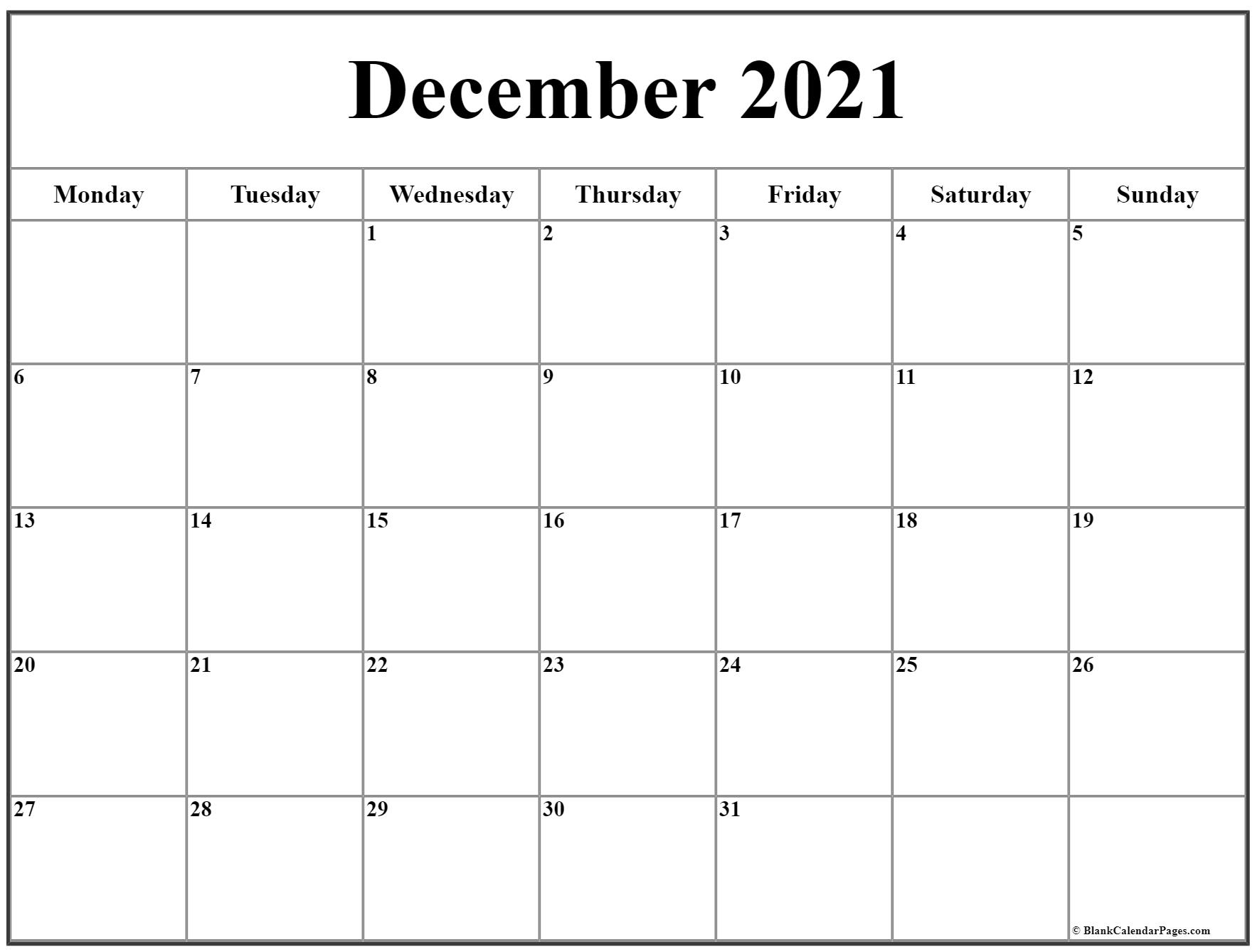 December 2021 Monday Calendar | Monday To Sunday
