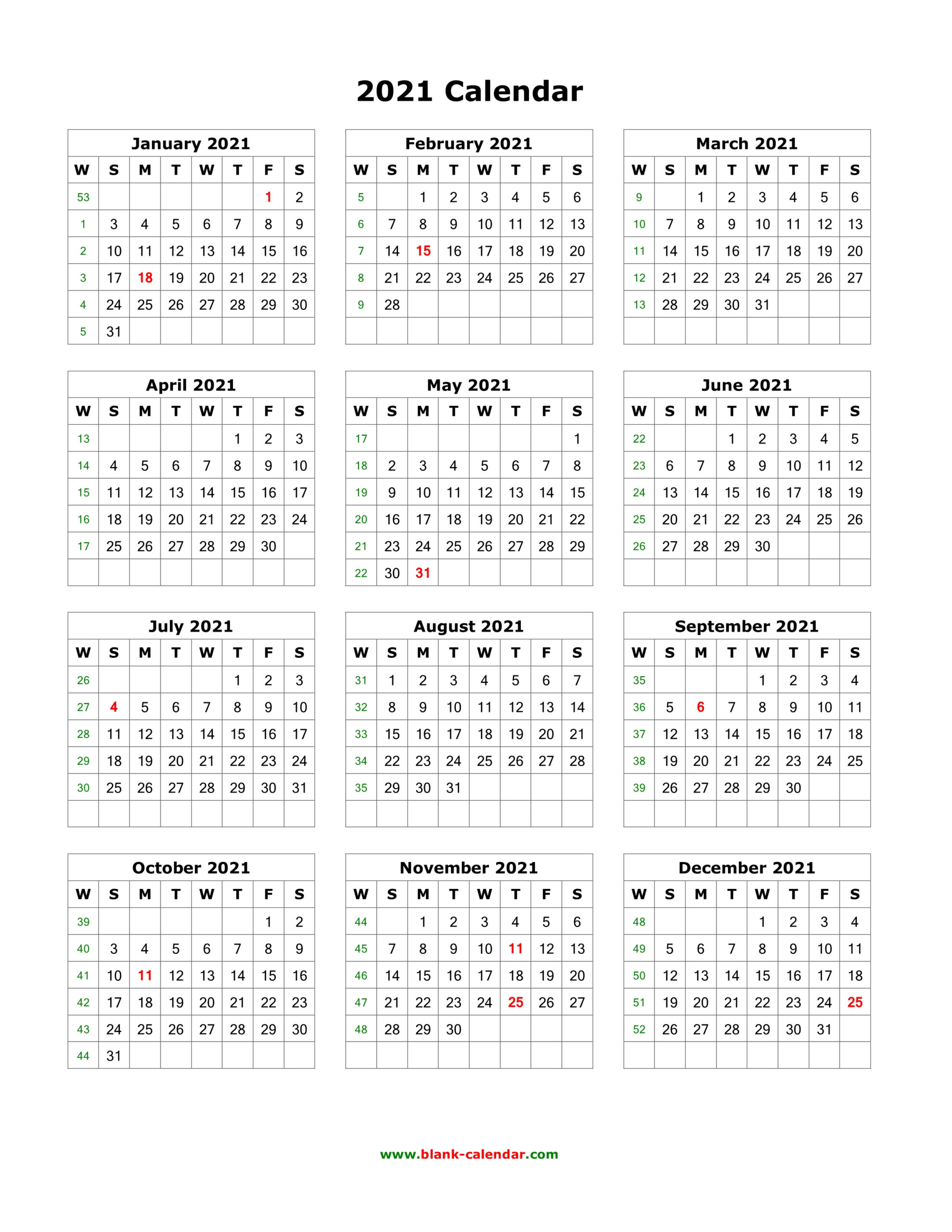 Download Blank Calendar 2021 (12 Months On One Page, Vertical)