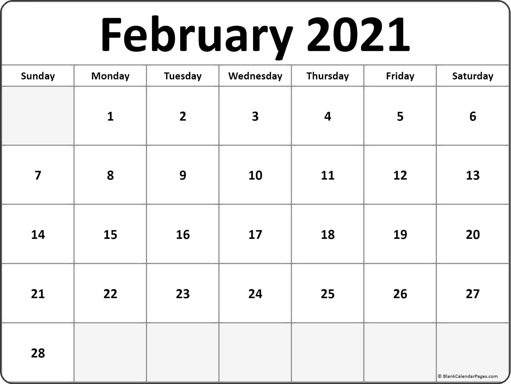 February 2021 Calendar | Free Printable Monthly Calendars