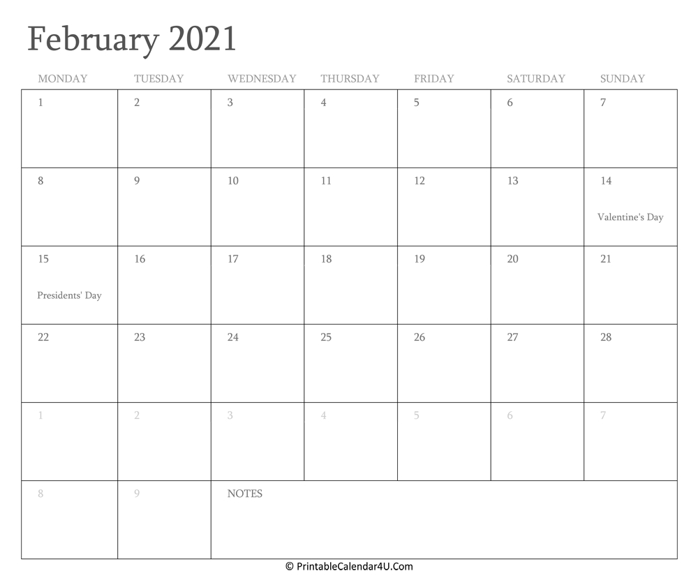 February 2021 Calendar Printable With Holidays