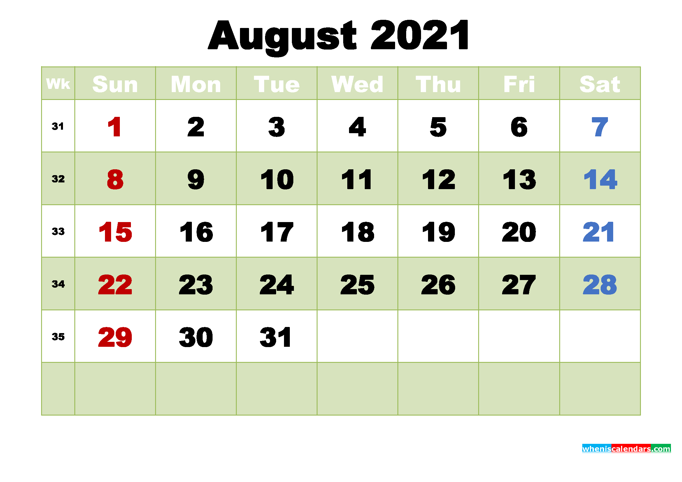 Free August 2021 Printable Calendar Template Word, Pdf