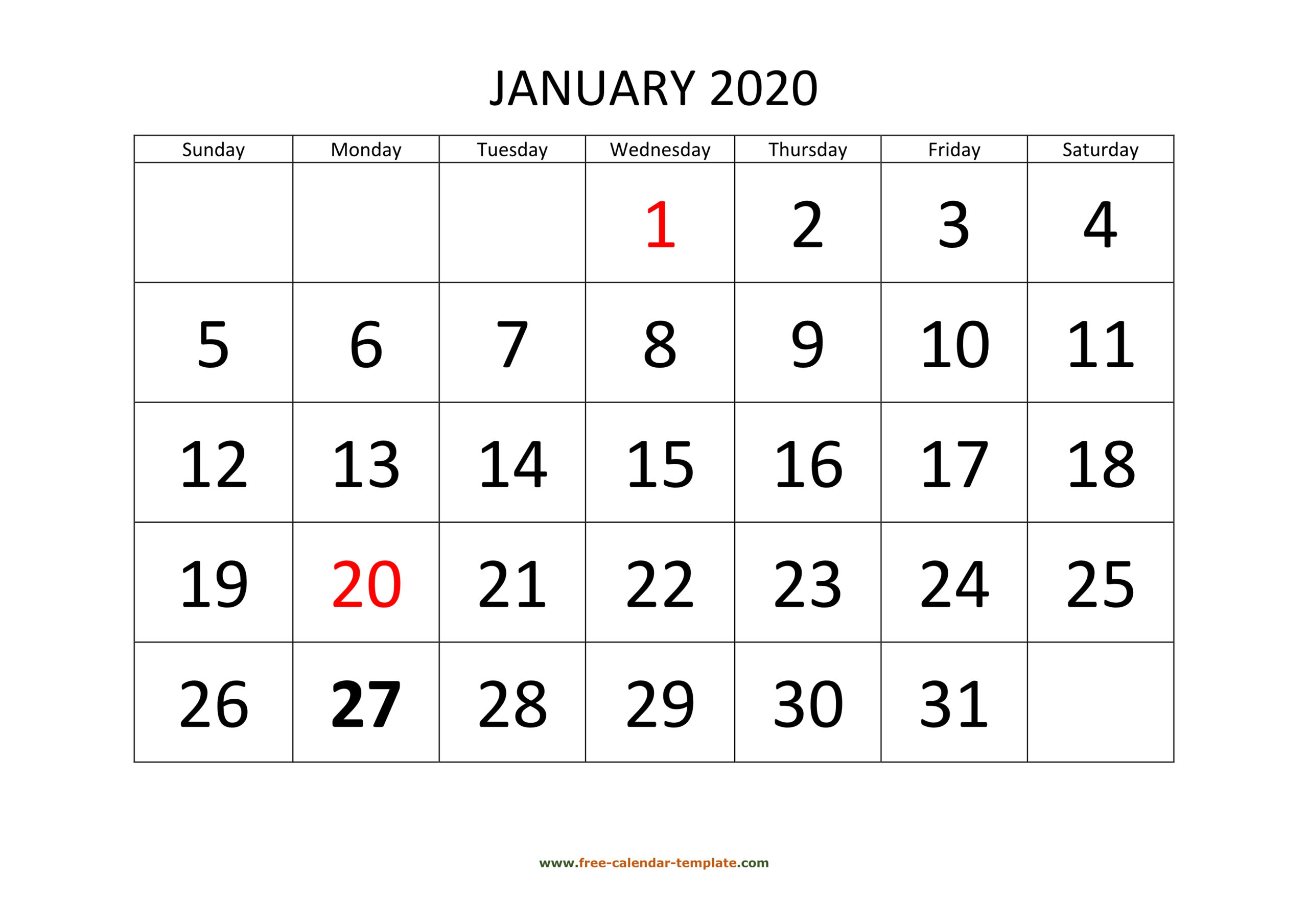 Free Printable 2020 Calendars Large Numbers | Calendar