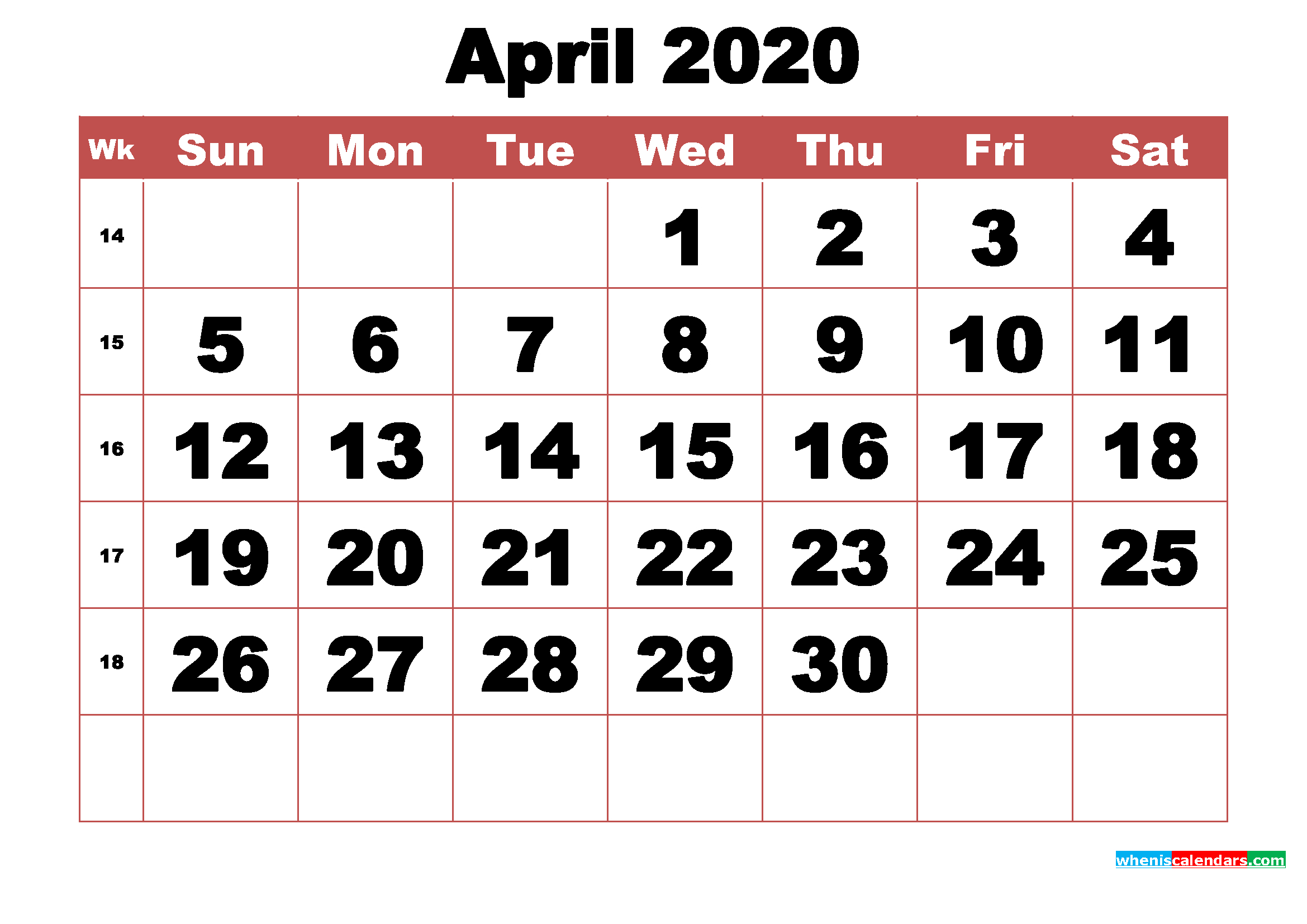Free Printable April 2020 Calendar With Week Numbers