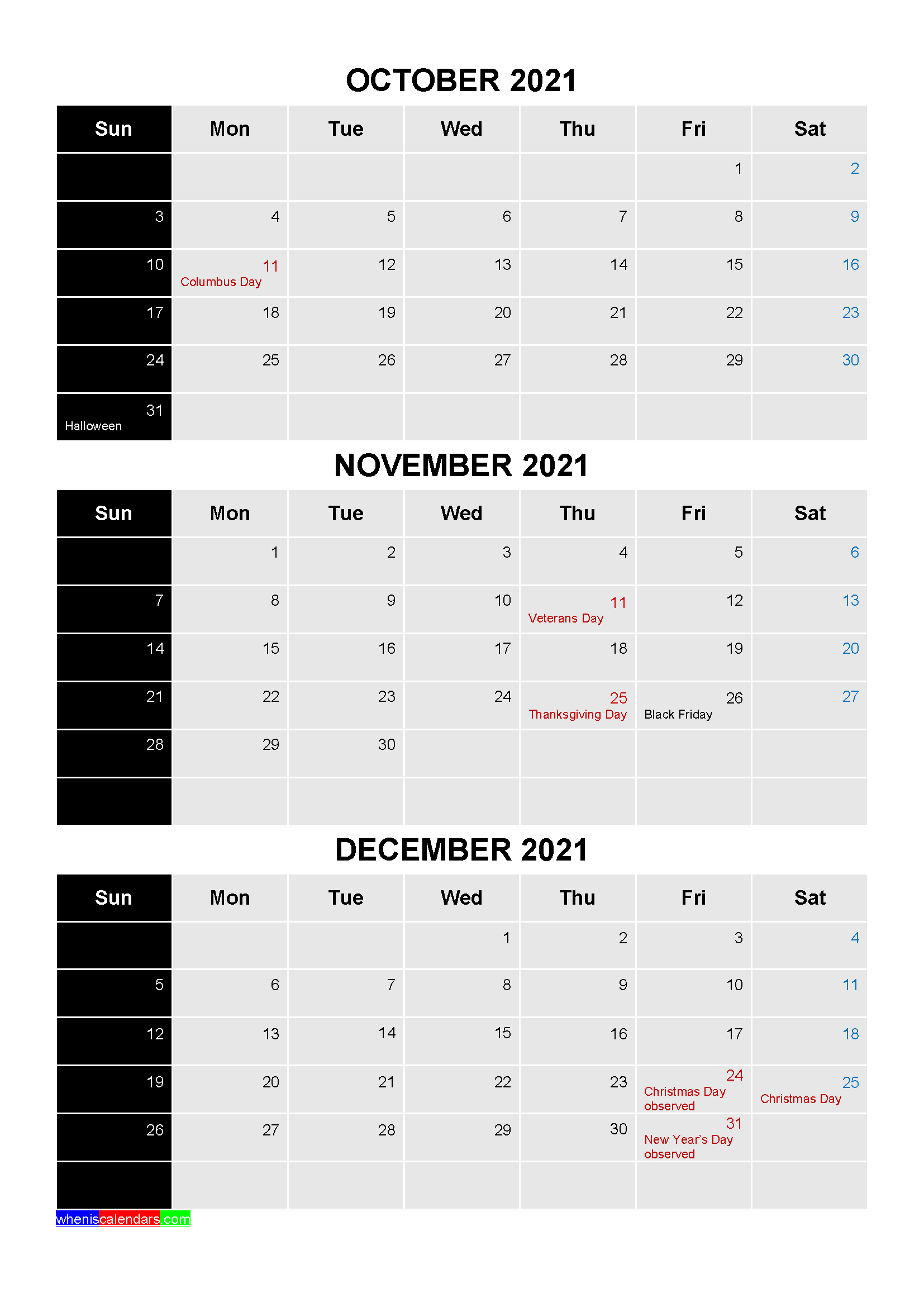 Free Printable October November December 2021 Calendar