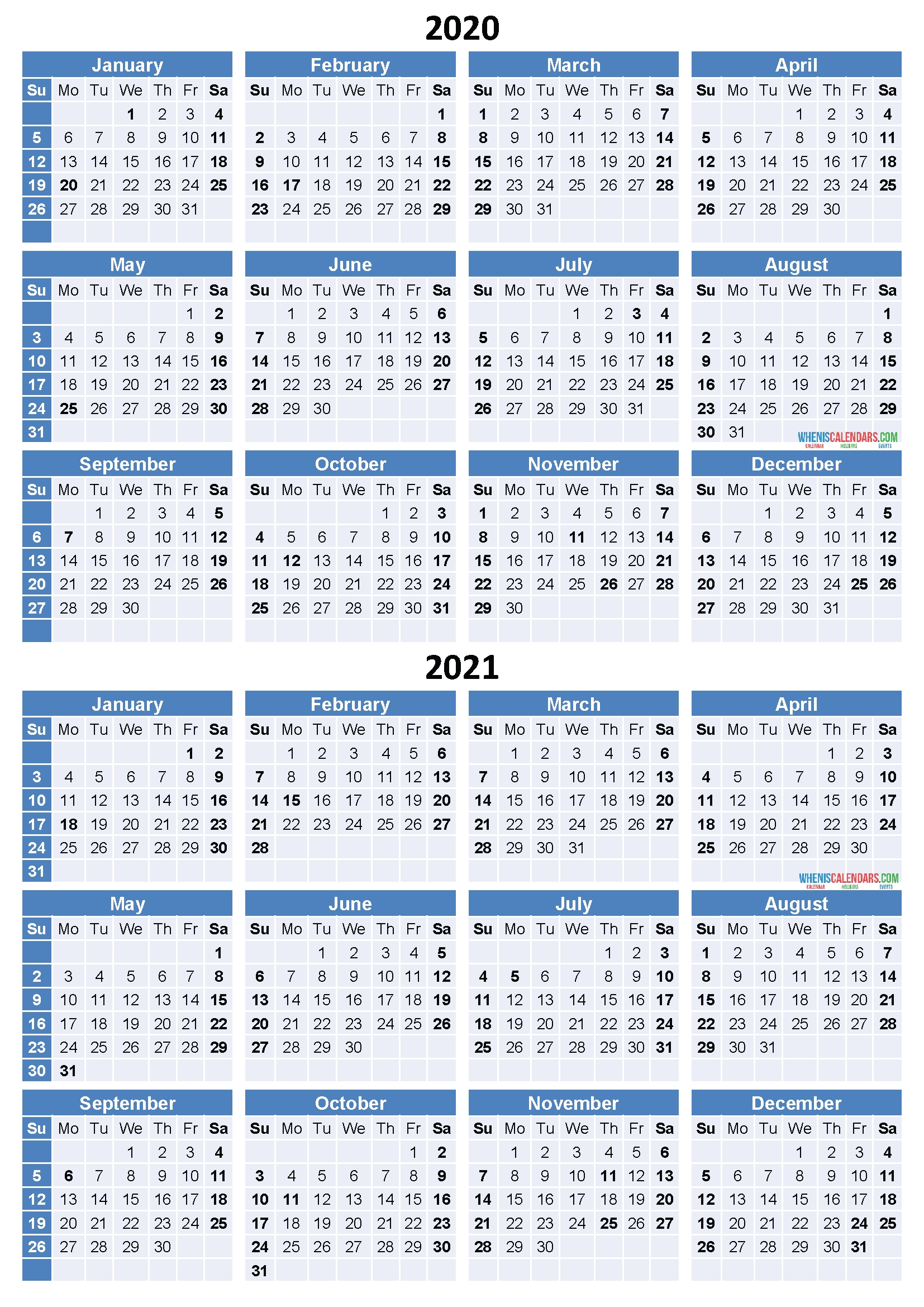 Free Printable Yearly Calendar 2021 2020 – Template