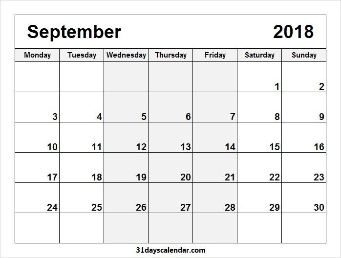 Free September 2018 Monday Start Image &amp; Picture For