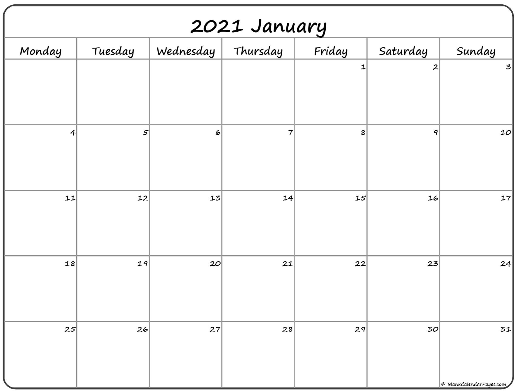 January 2021 Monday Calendar | Monday To Sunday