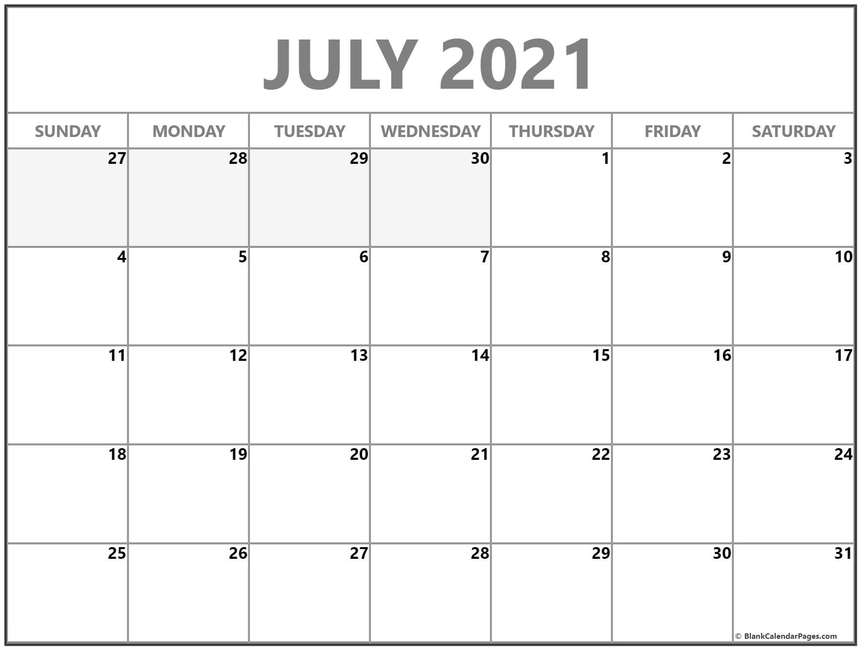 July 2021 Calendar Printable