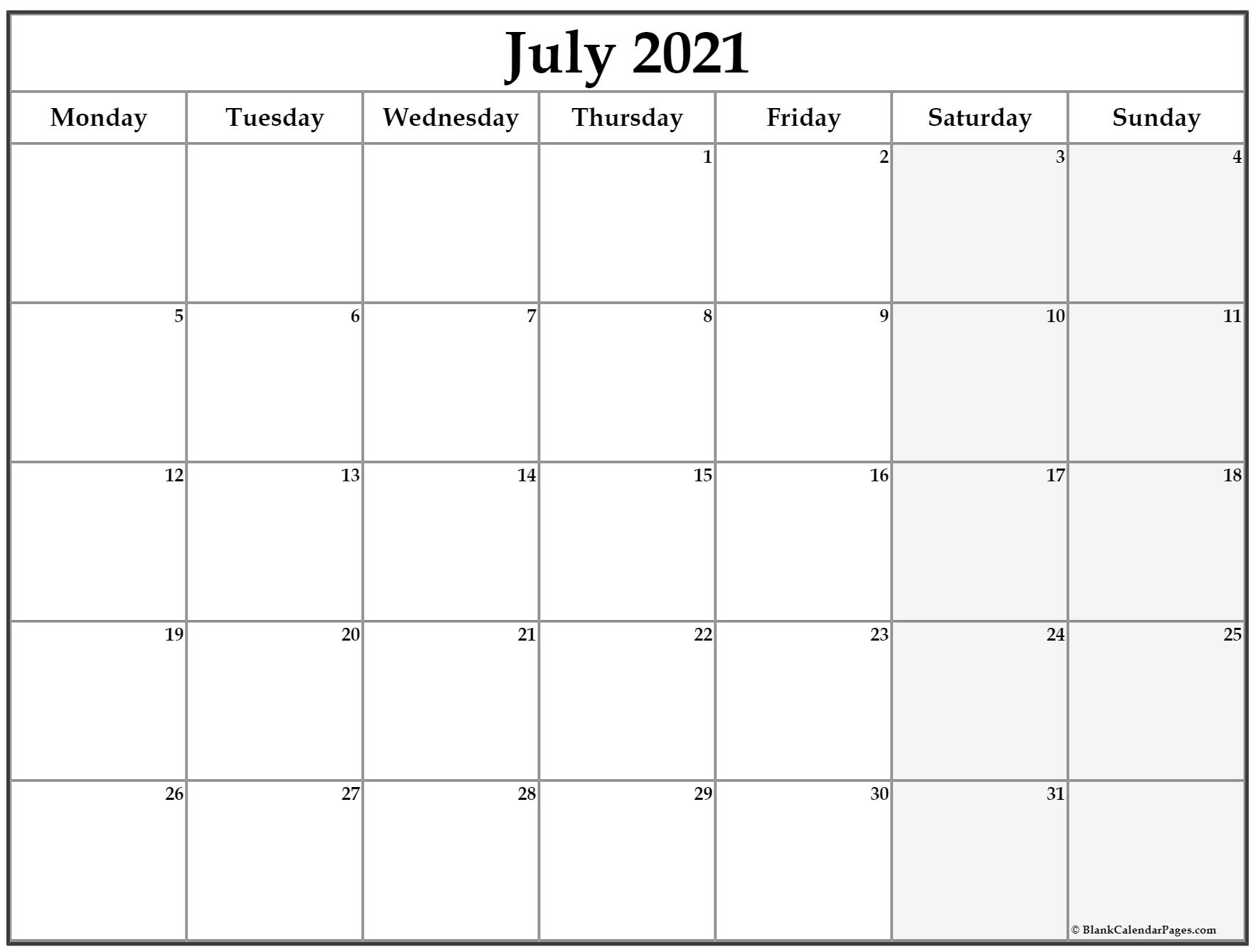 2021 Calendar That Shows Only Monday Through Friday ...