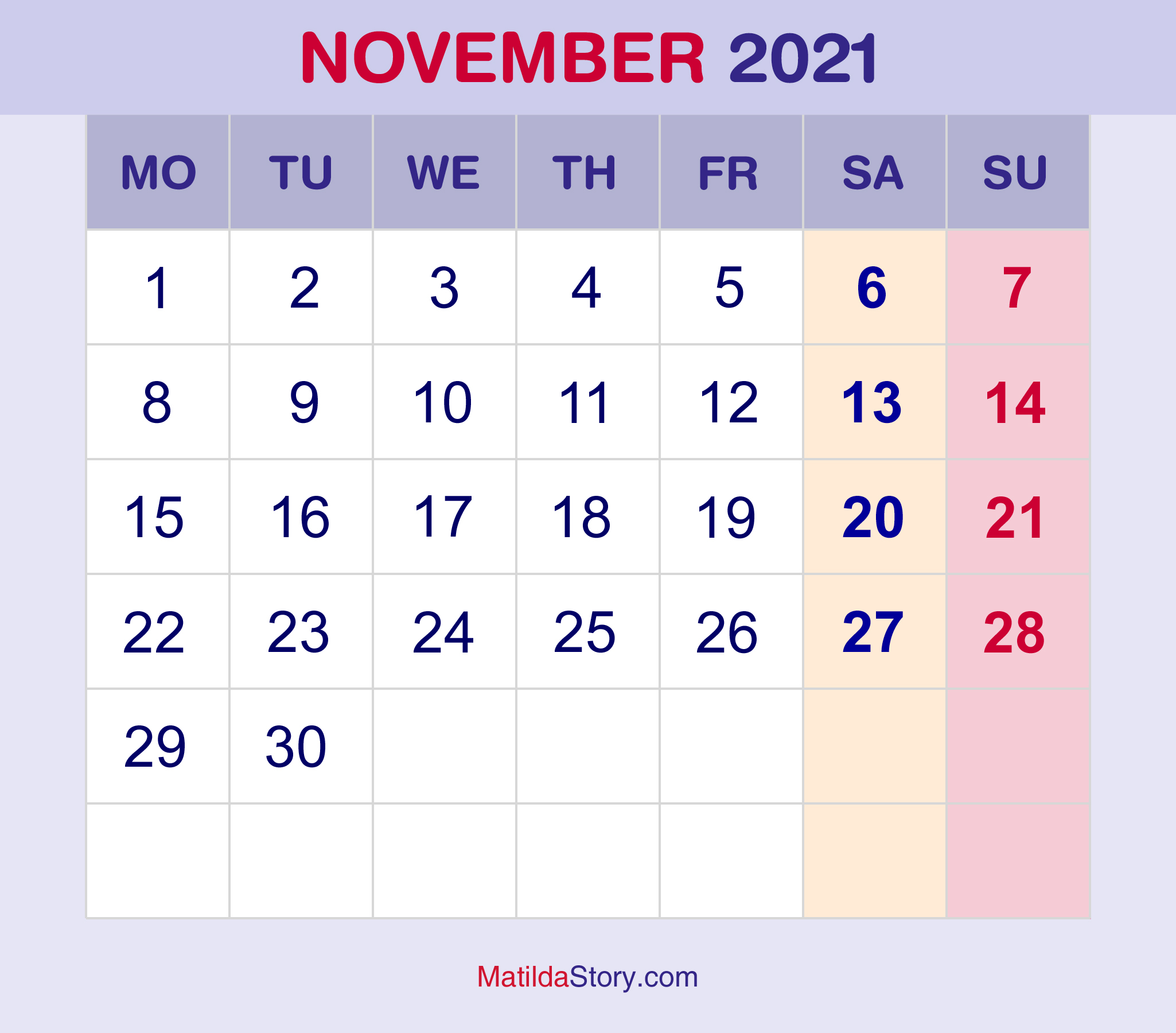November 2021 Monthly Calendar, Monthly Planner, Printable