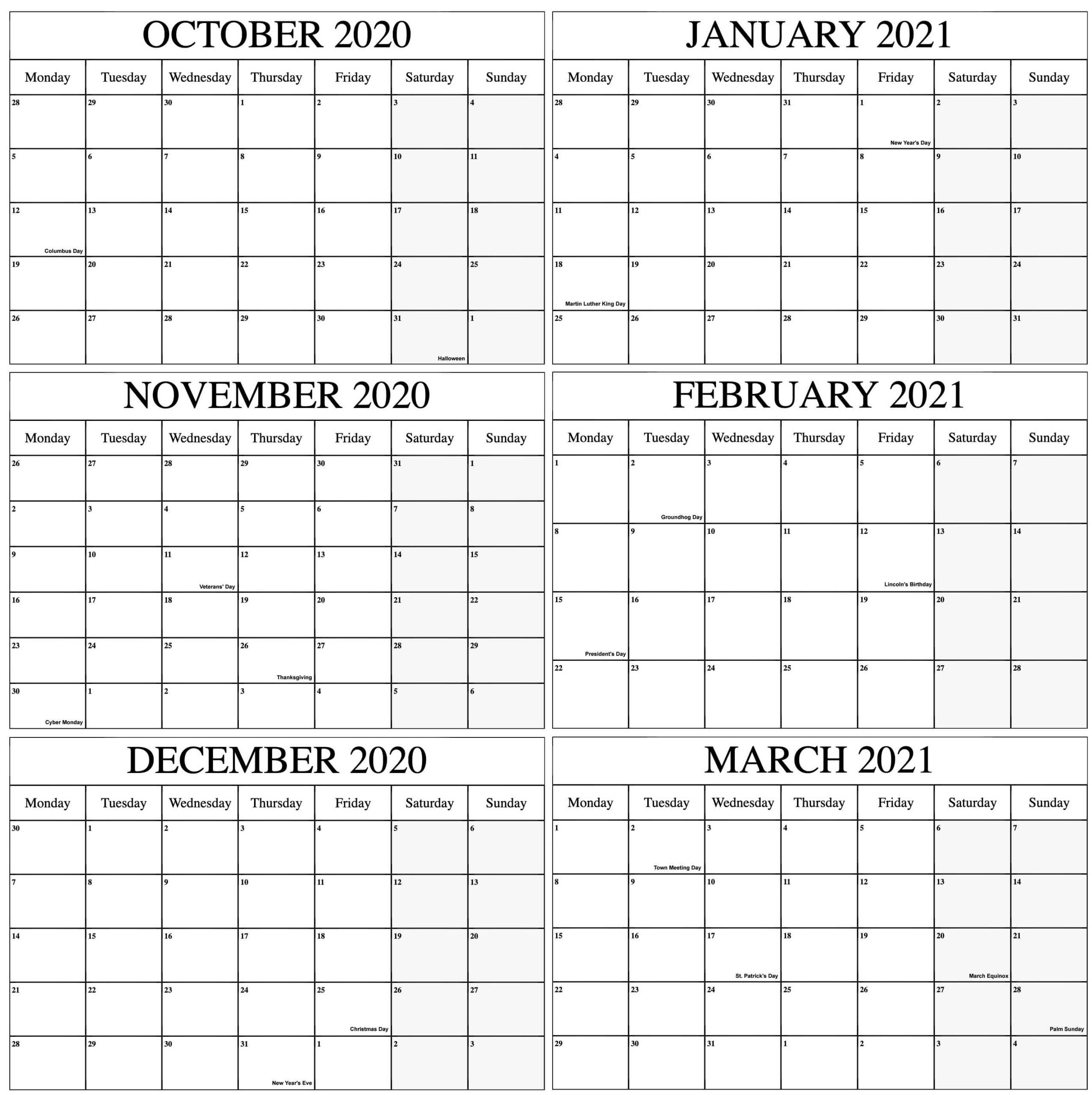 October 2020 To March 2021 Calendar Online | Free