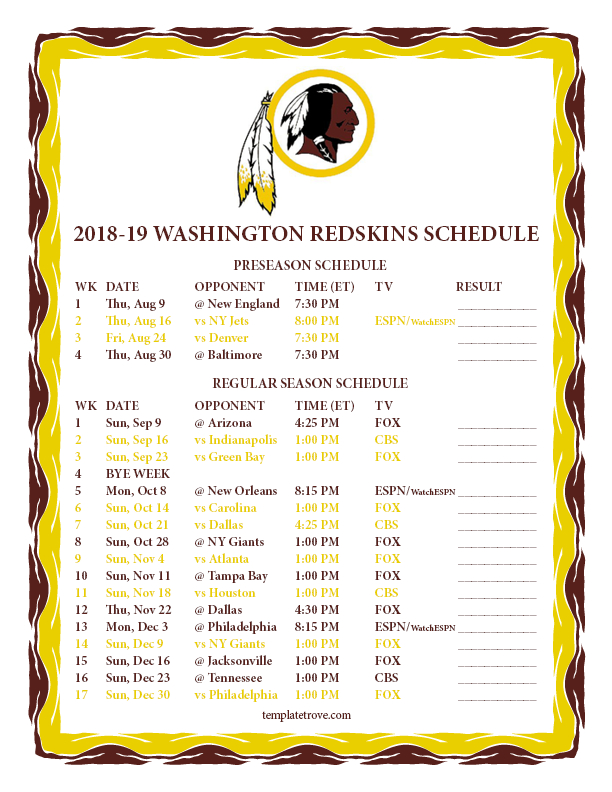 Printable 2018-2019 Washington Redskins Schedule