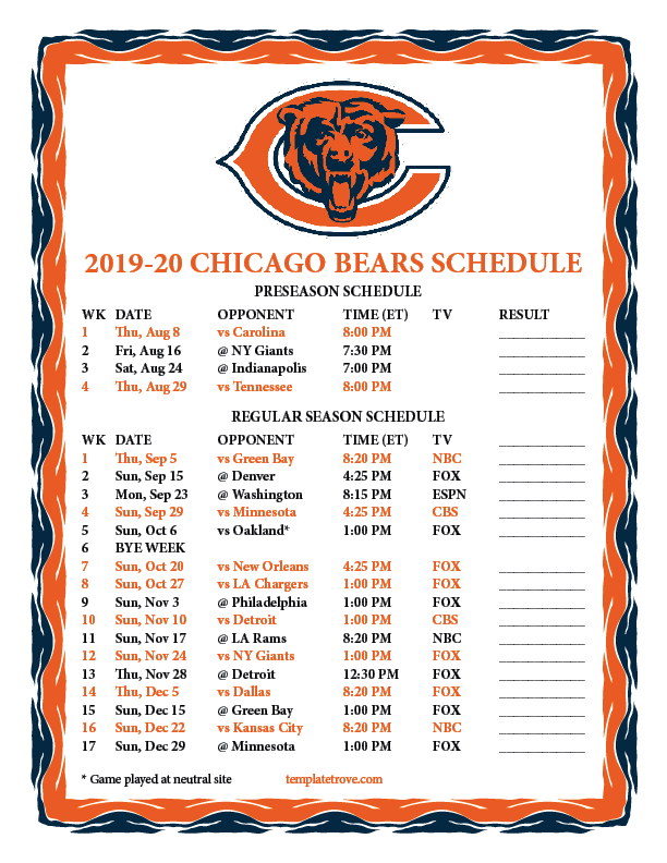 Printable 2019-2020 Chicago Bears Schedule
