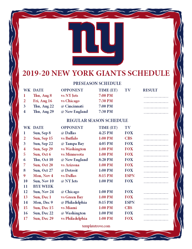 Printable 2019-2020 New York Giants Schedule