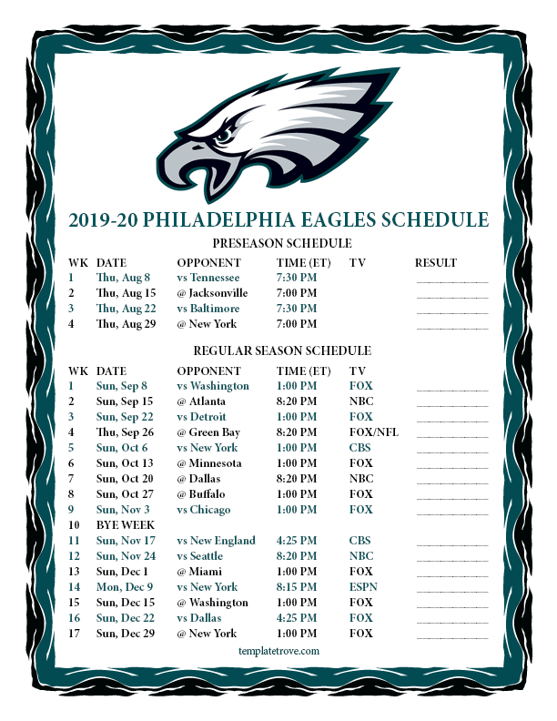 Printable 2019-2020 Philadelphia Eagles Schedule