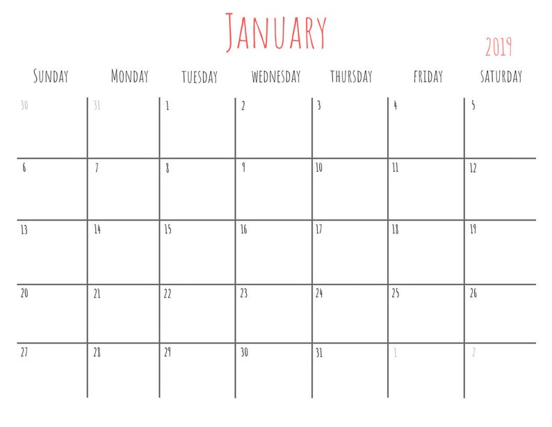 Printable 2019 Calendar Monthly Pdf Wall Calendar Desk | Etsy