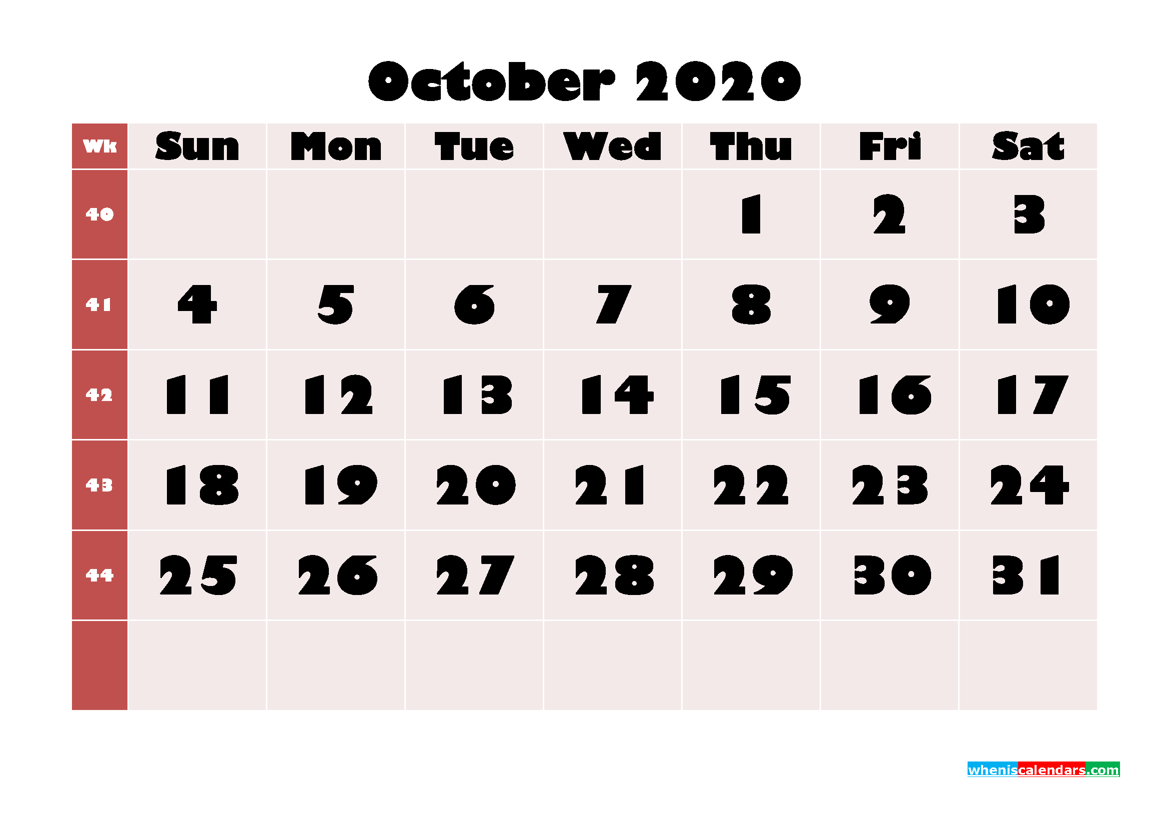 Printable 2020 Monthly Calendar With Week Numbers October