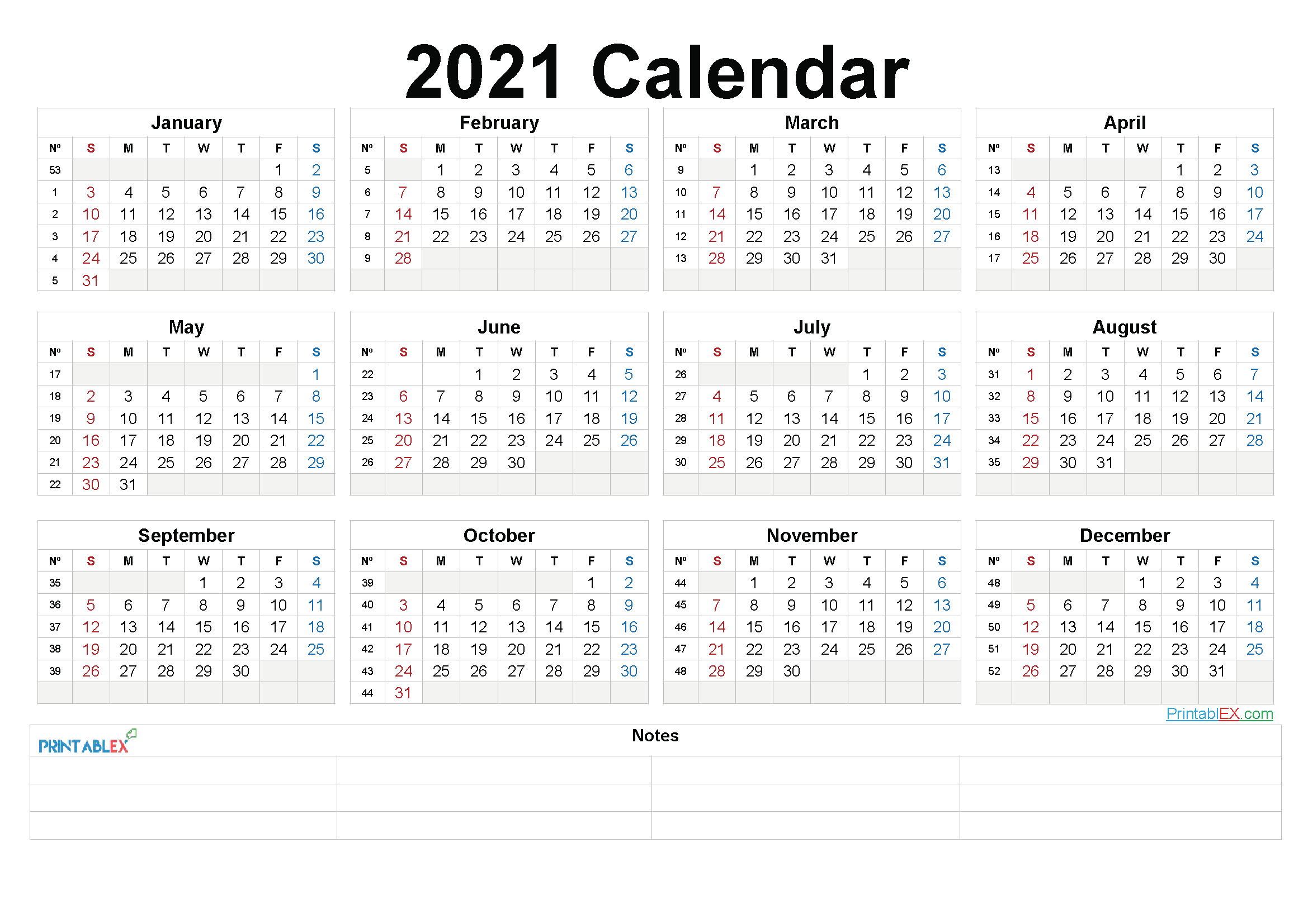 week number calendar 2021