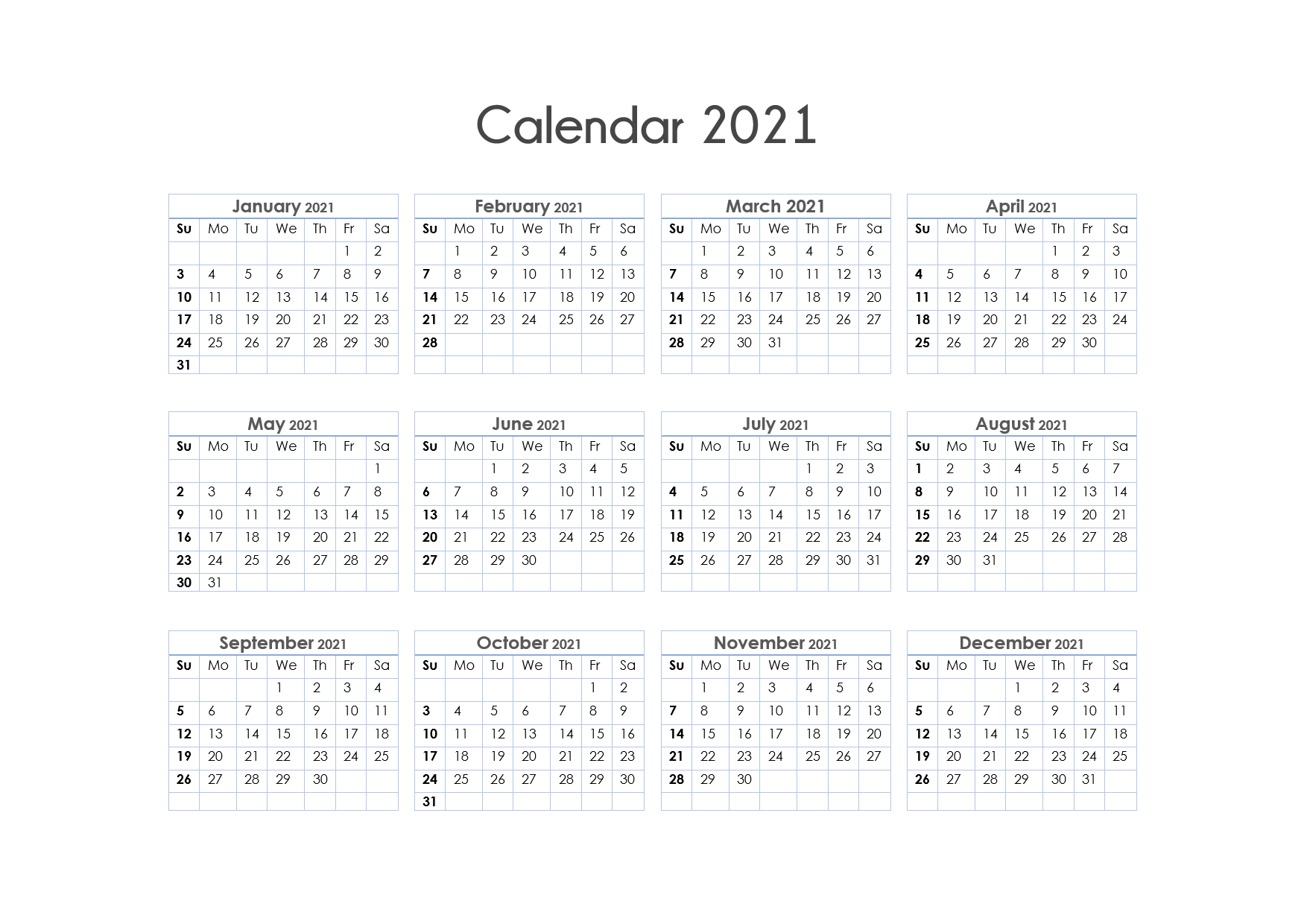 Printable Calendar 2021 One Page, Yearly Calendar, Blank