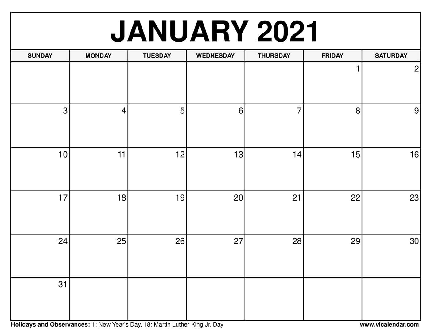 Printable January 2021 Calendars