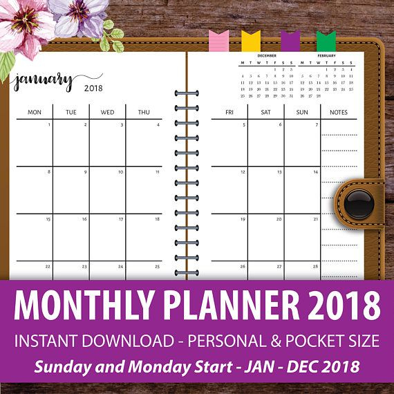Printable Monthly Planner 2018, Monthly Calendar Planner