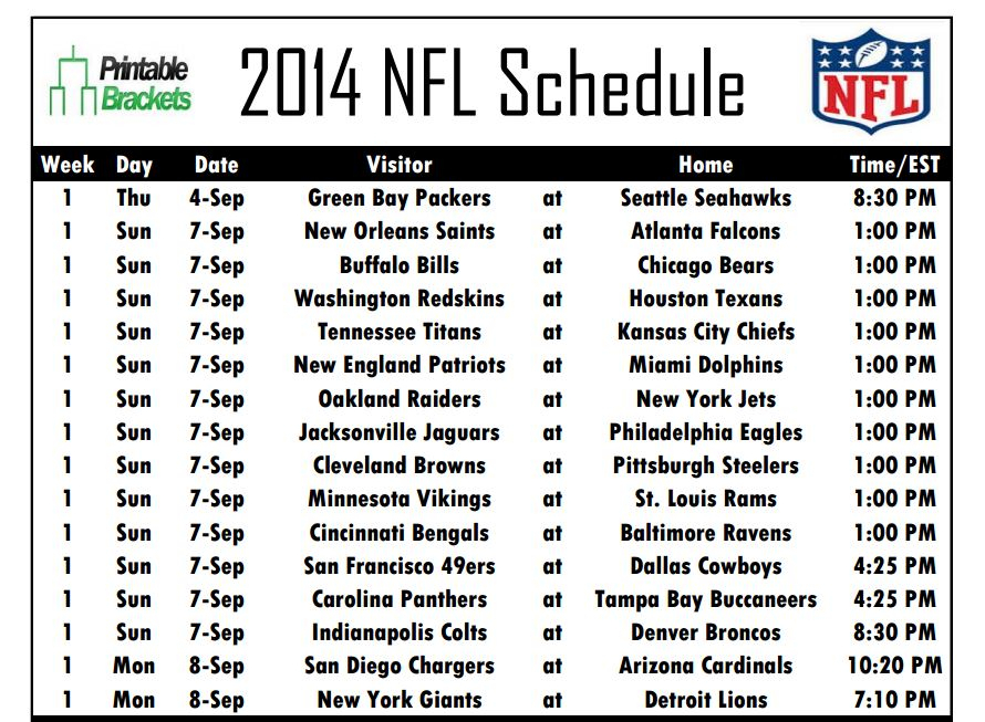 Nfl Schedule 2014 NFL Schedule NFL Schedule 2014 Printable NFL