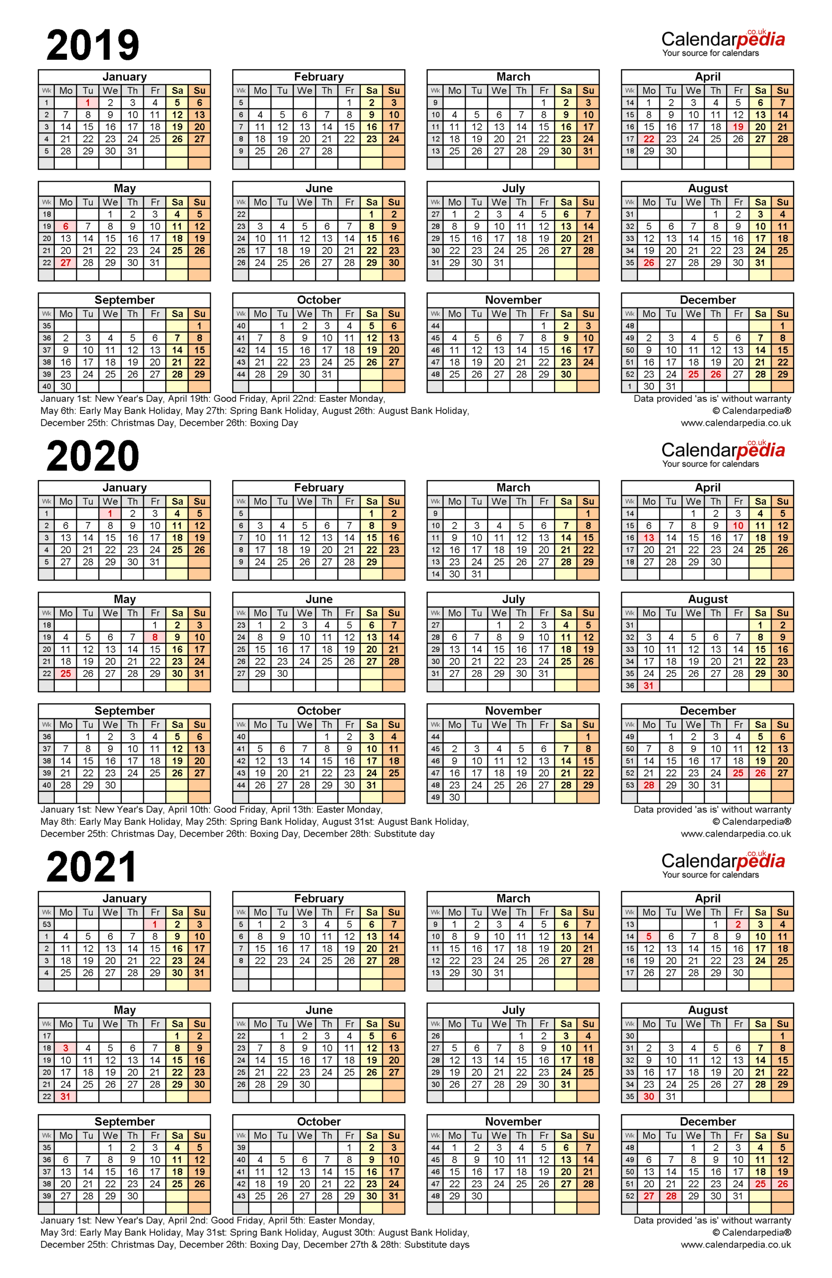Three Year Calendars For 2019, 2020 &amp; 2021 (Uk) For Pdf