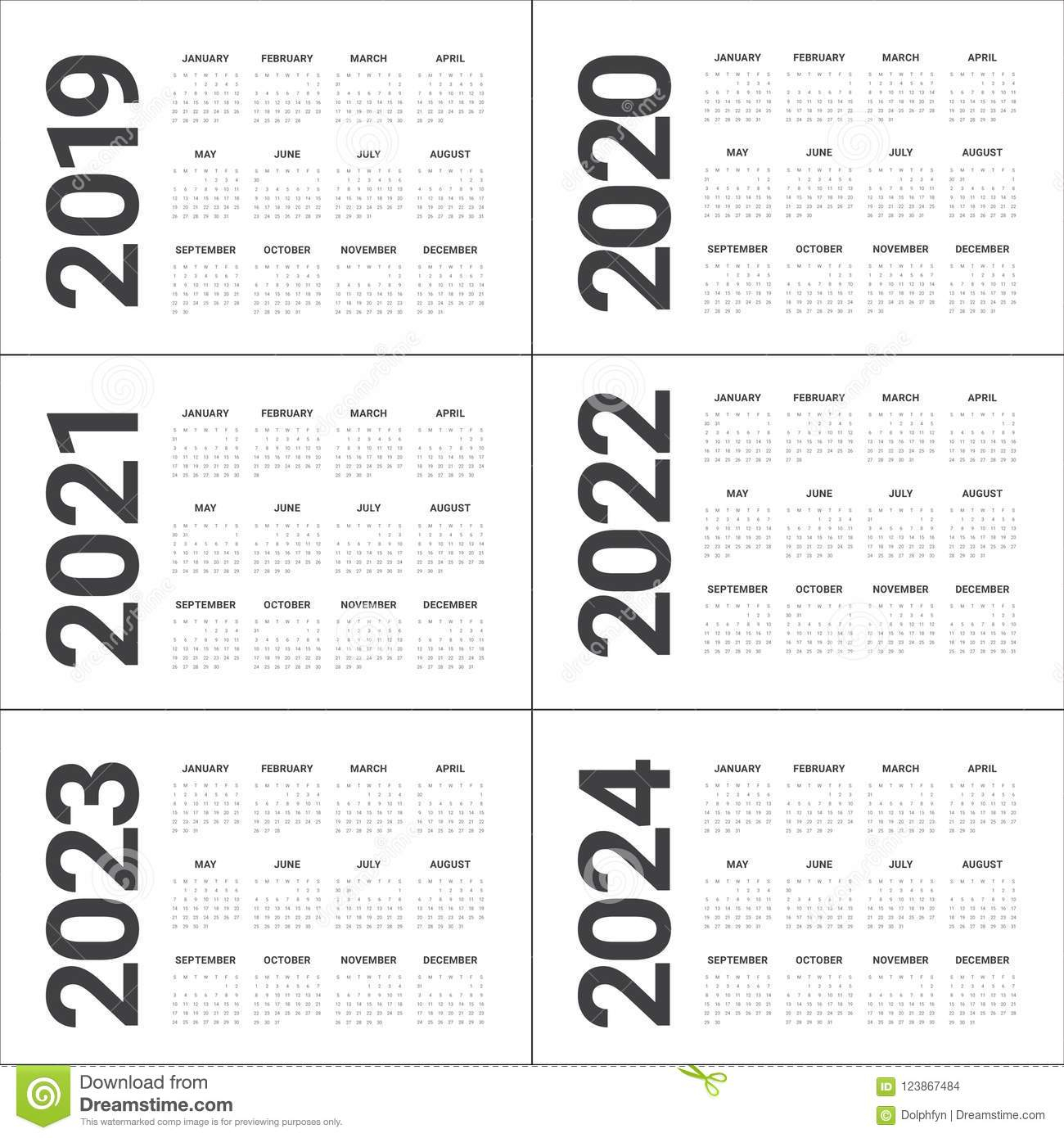 Year 2019 2020 2021 2022 2023 2024 Calendar Vector Design