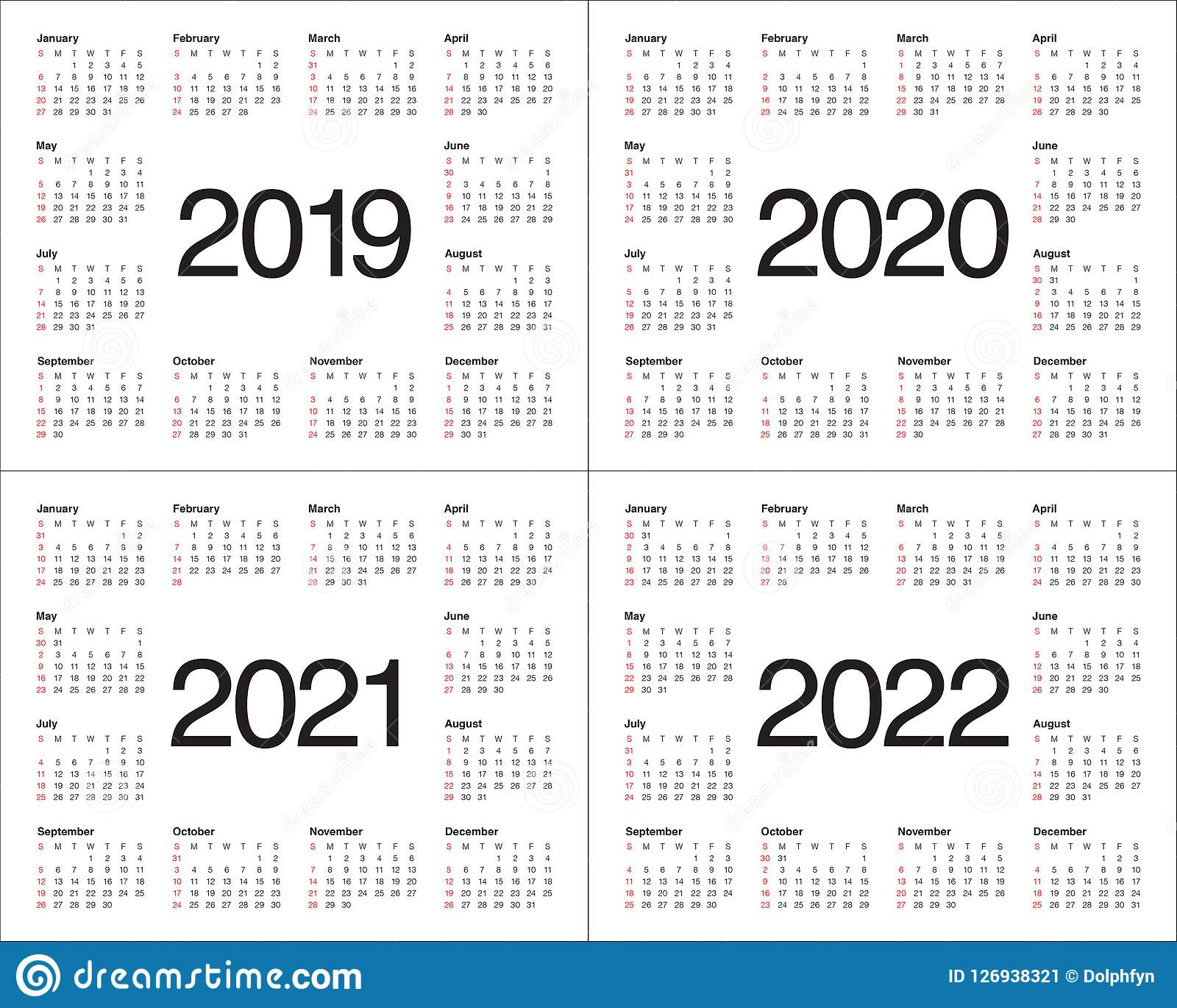 Year 2019 2020 2021 2022 Calendar Vector Design Template