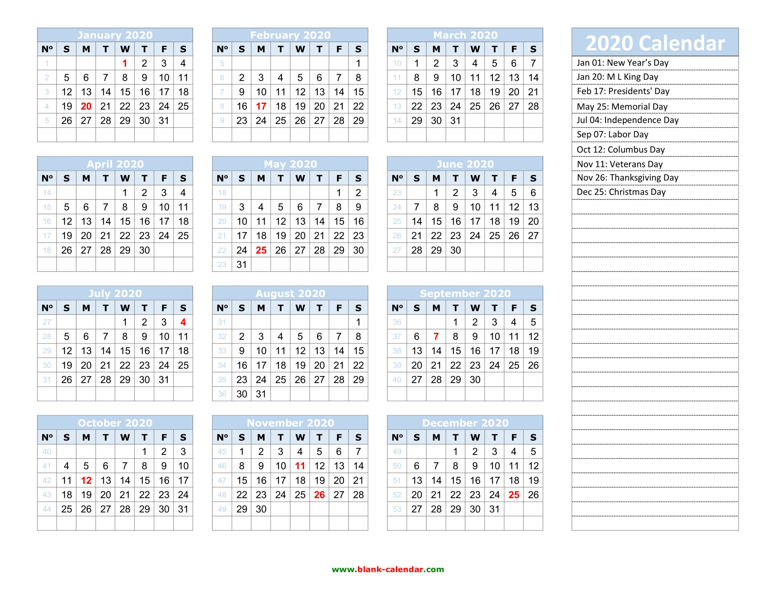 Yearly Calendar 2020 | Free Download And Print