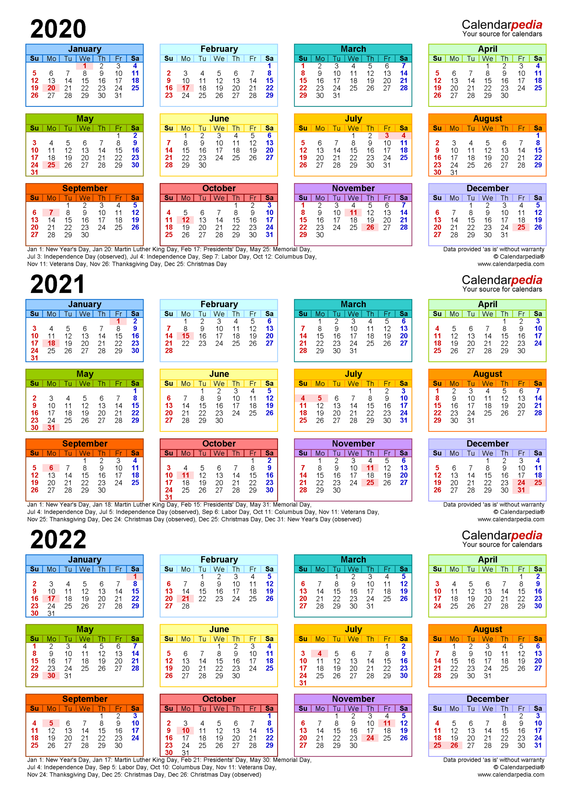2020-2022 Three Year Calendar - Free Printable Excel Templates