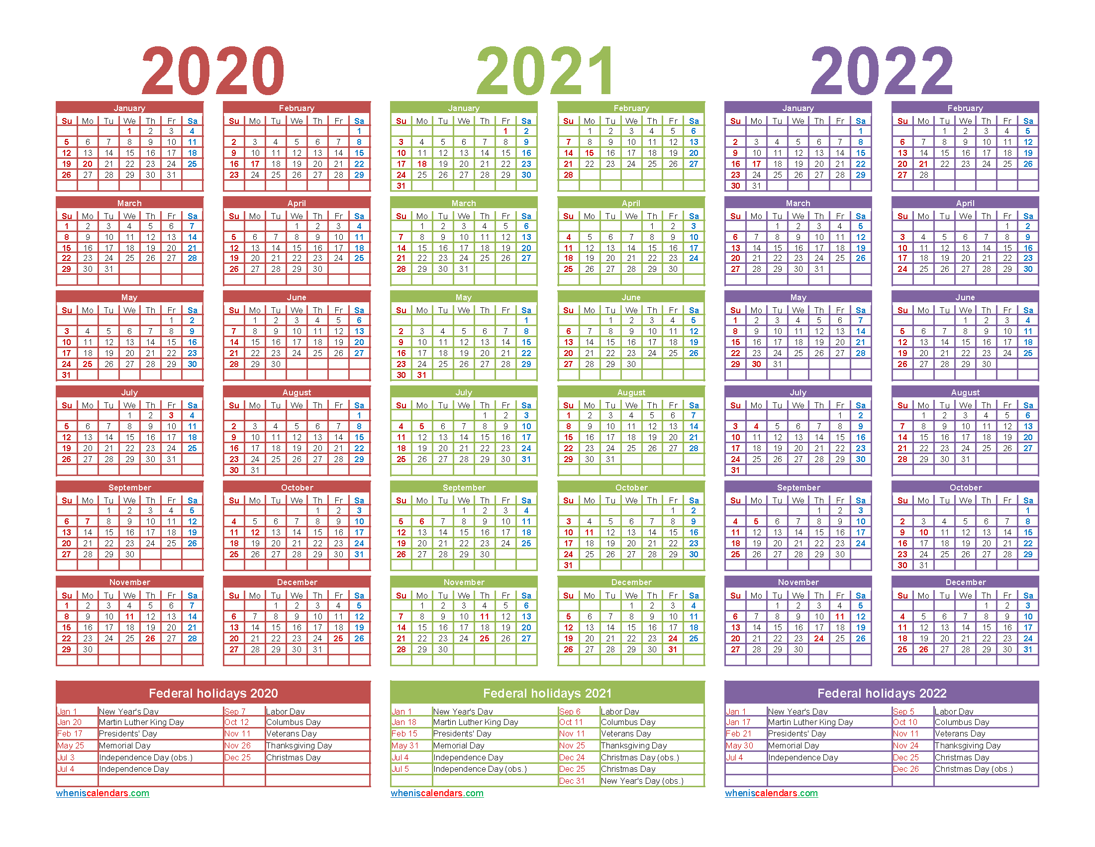 3 Year Calendar 2020 To 2022 Printable