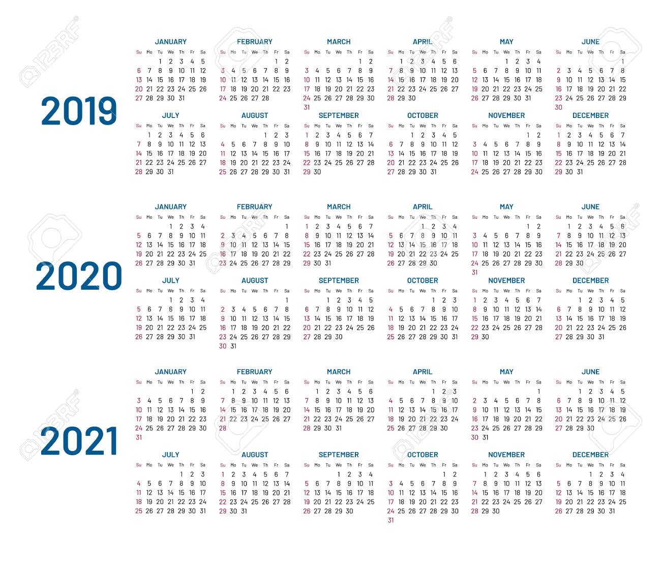 Three Years Calendar, 2019, 2020, 2021.