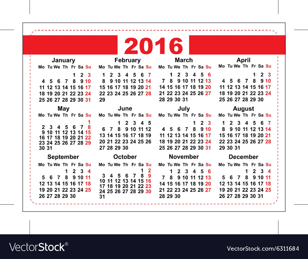 2016 Pocket Calendar Template Grid Horizontal Vector Image
