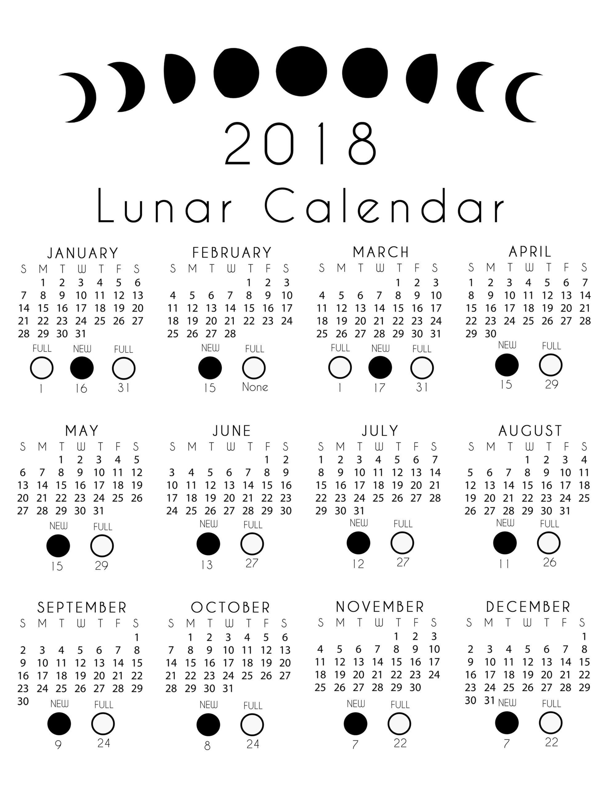 2018 Lunar Calendar Free Printout | Moon Calendar, Lunar