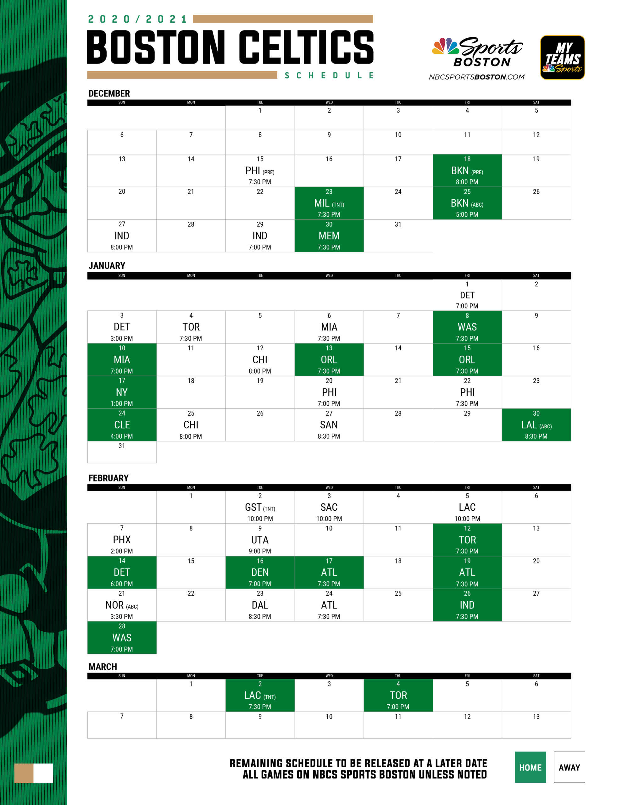 2020-2021 Boston Celtics Printable Schedule | Nbc Sports Boston