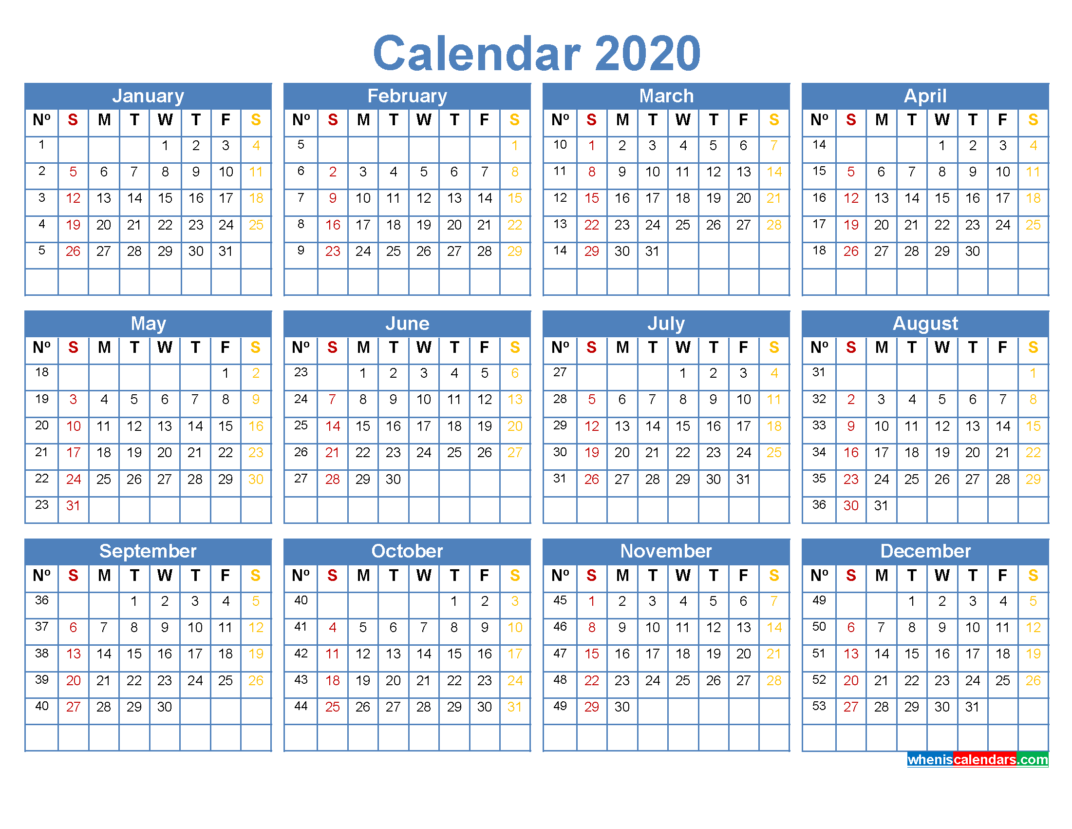 2020 Calendar With Week Numbers Printable Word, Pdf
