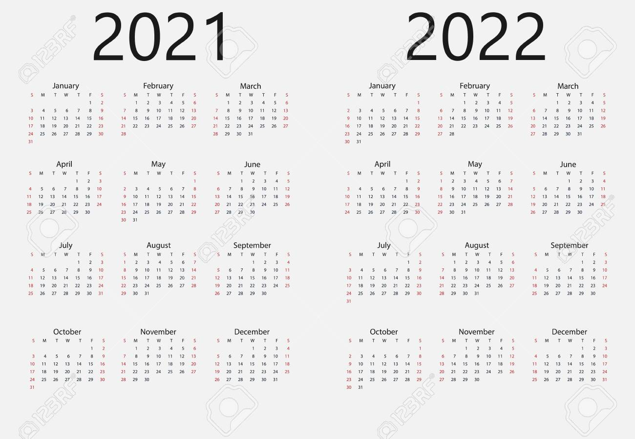 2021, 2022 Calendar, Week Starts Sunday. Vector Illustration, Flat Design.