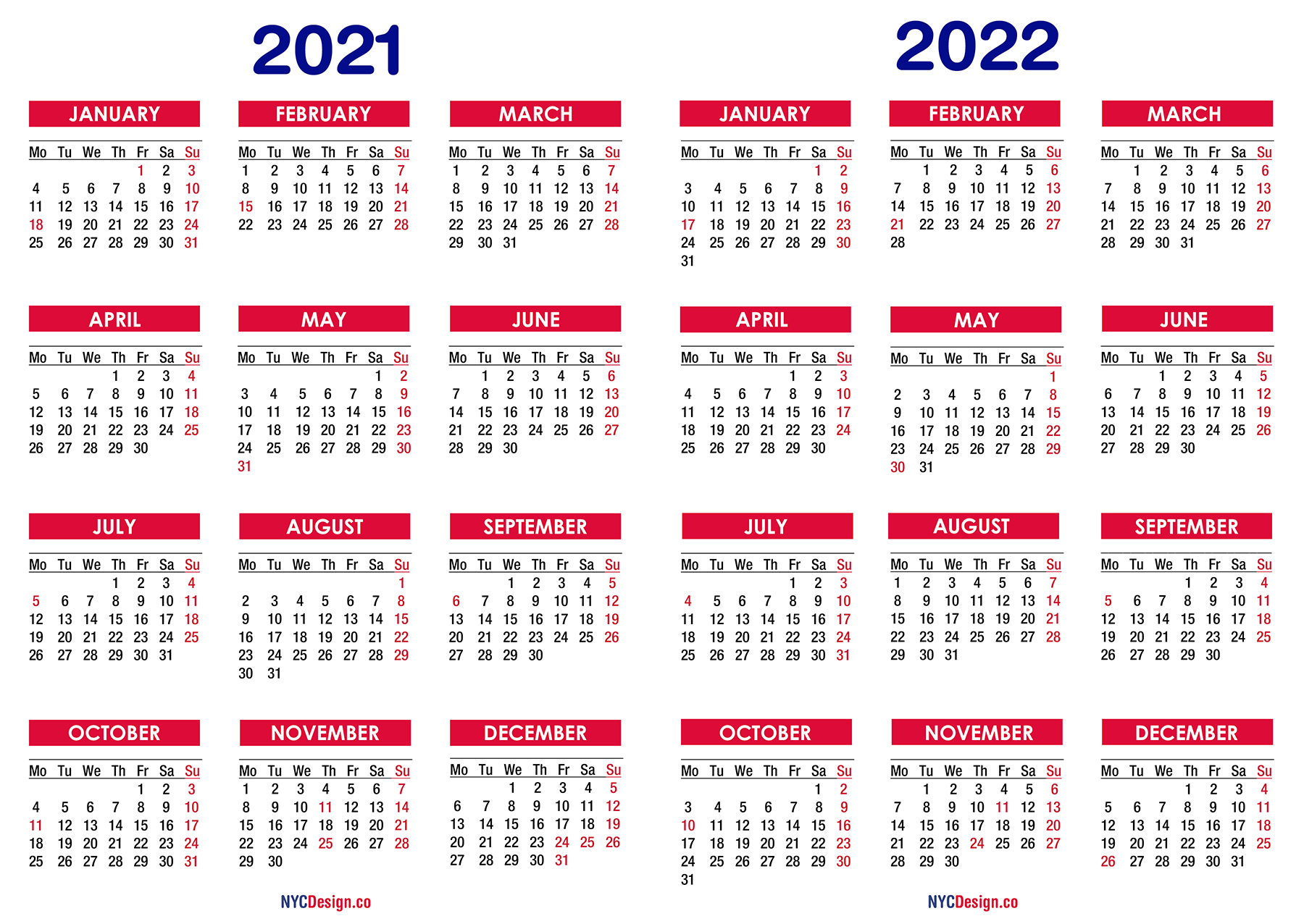 2021 – 2022 Two Year Calendar With Holidays, Printable Free