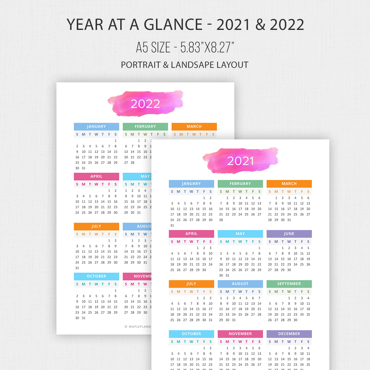 2021 - 2022 Year At A Glance In A5 Size | Yearly Calendar