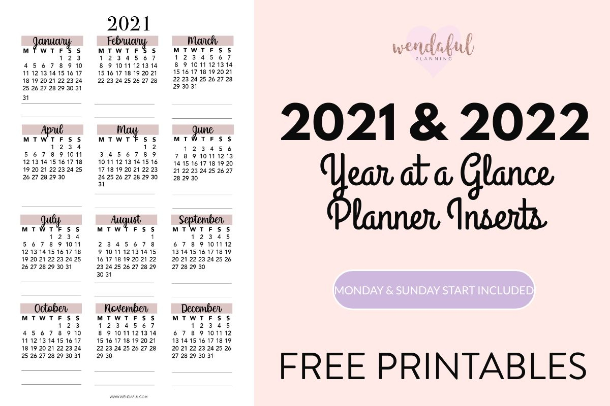 2021-2022 Year At A Glance Planner Inserts | Wendaful Planning