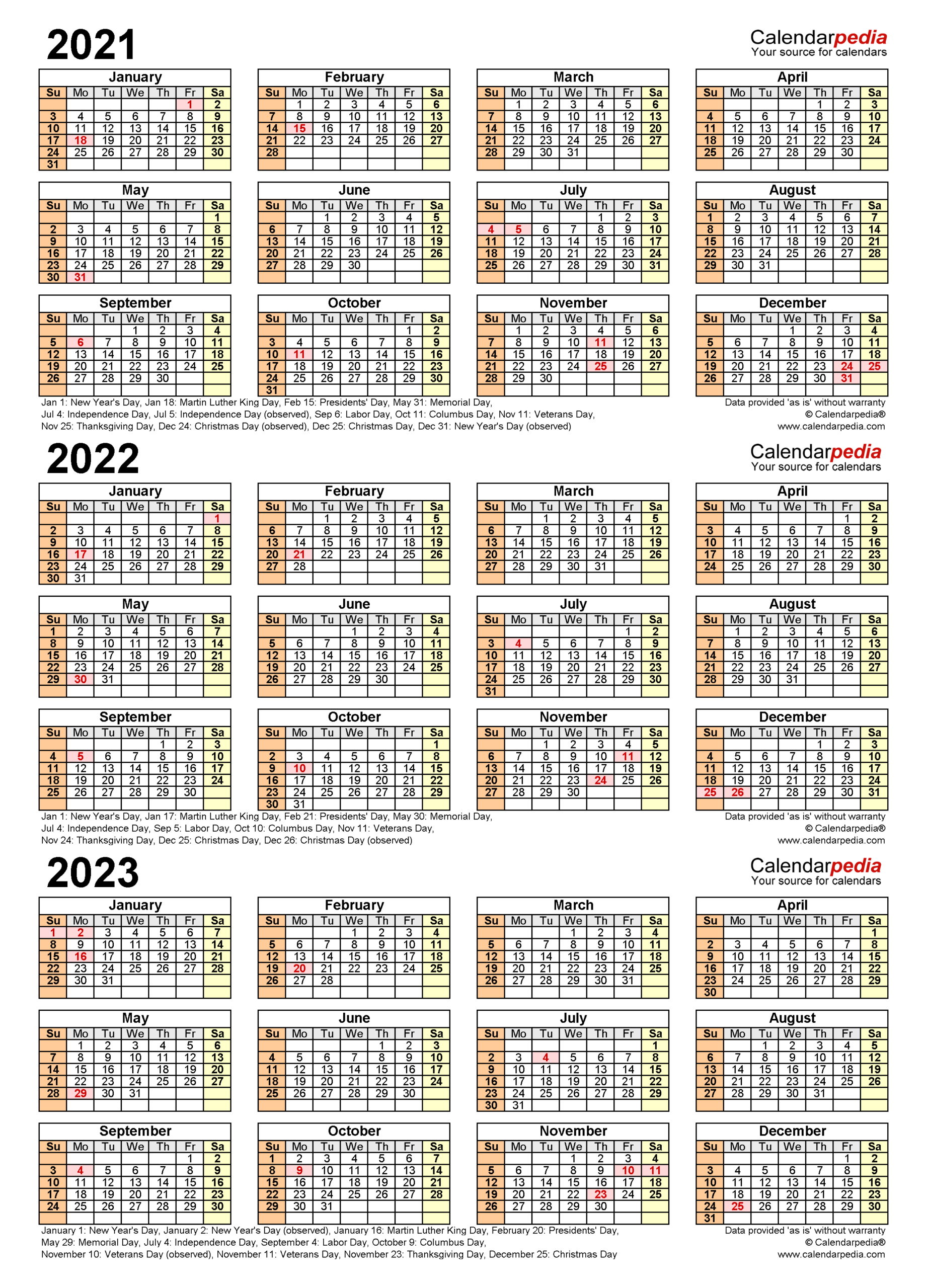 2021-2023 Three Year Calendar - Free Printable Word Templates