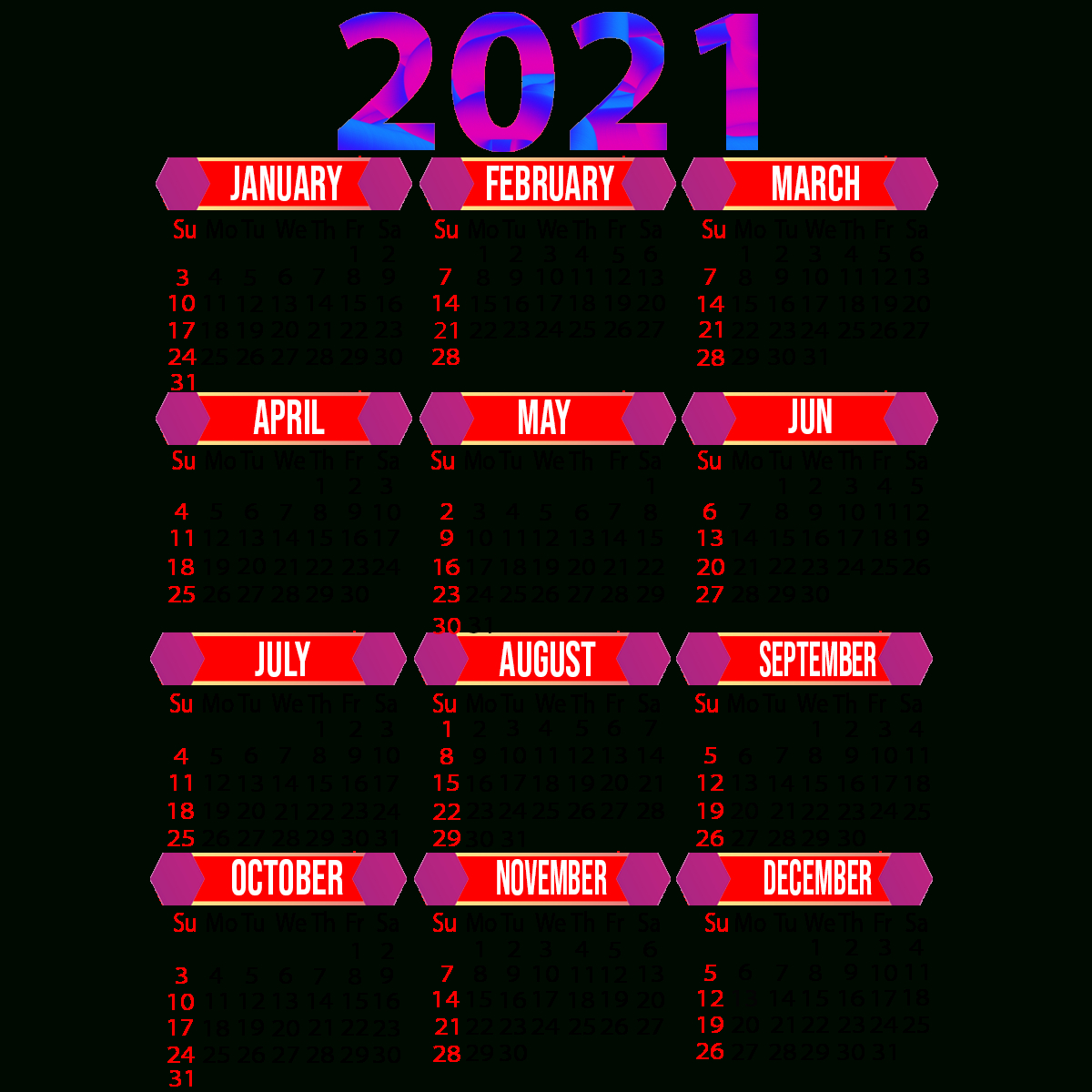 2021 Calendar Printable | 12 Months All In One | Calendar 2021