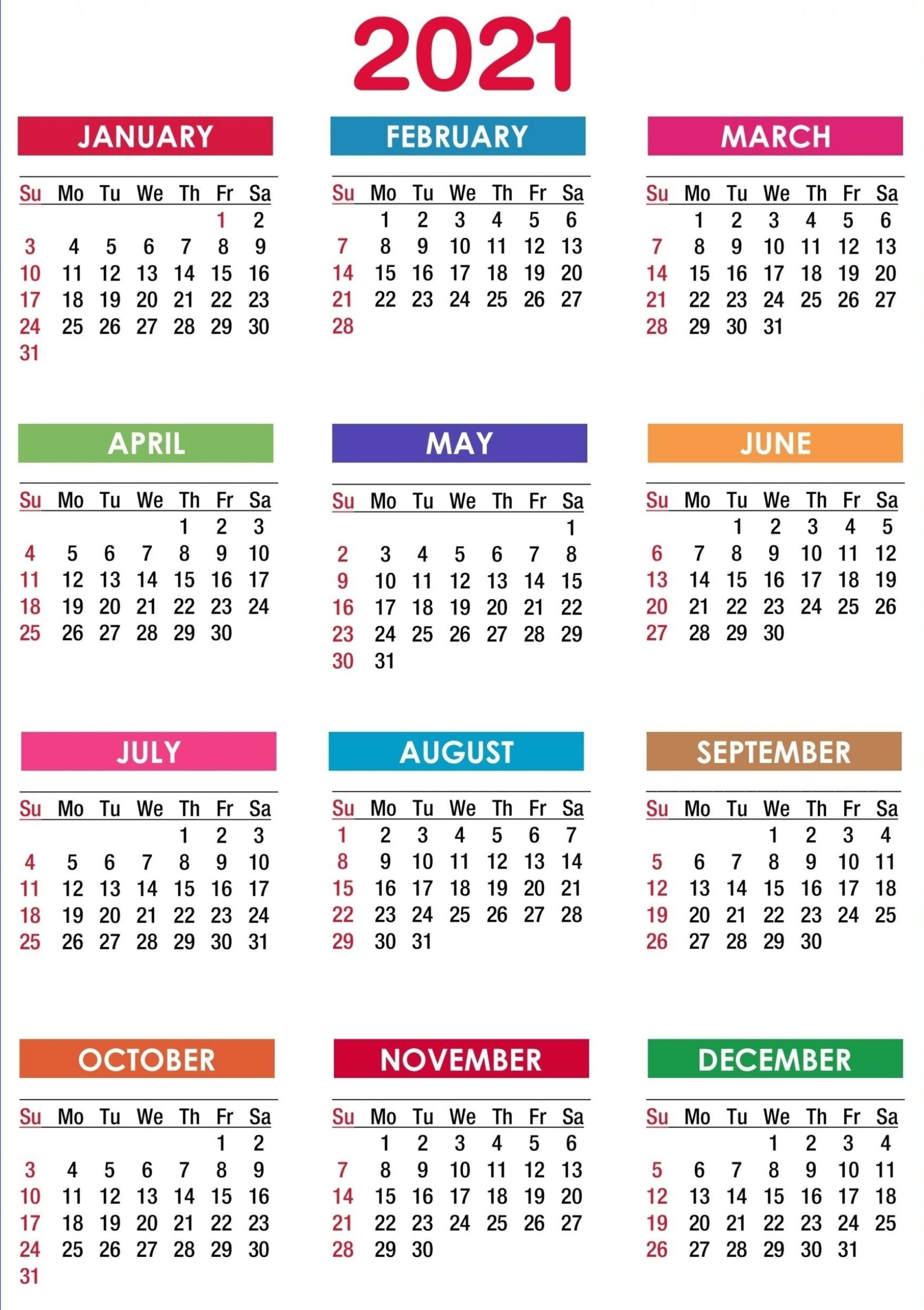 2021 Calendar Printable | 12 Months All In One | Printable