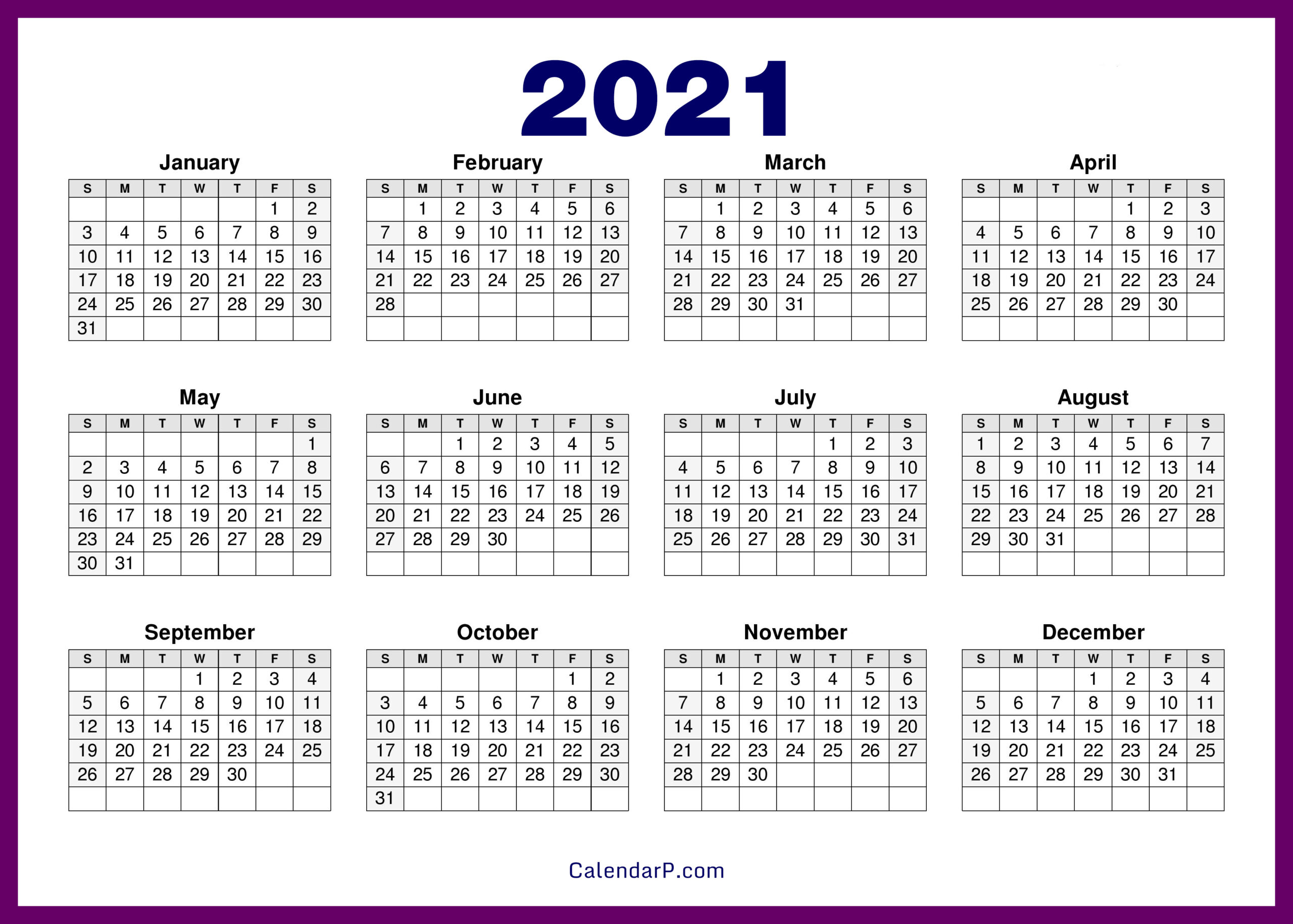2021 Calendar Printable Free, Hd – Purple – Calendarp