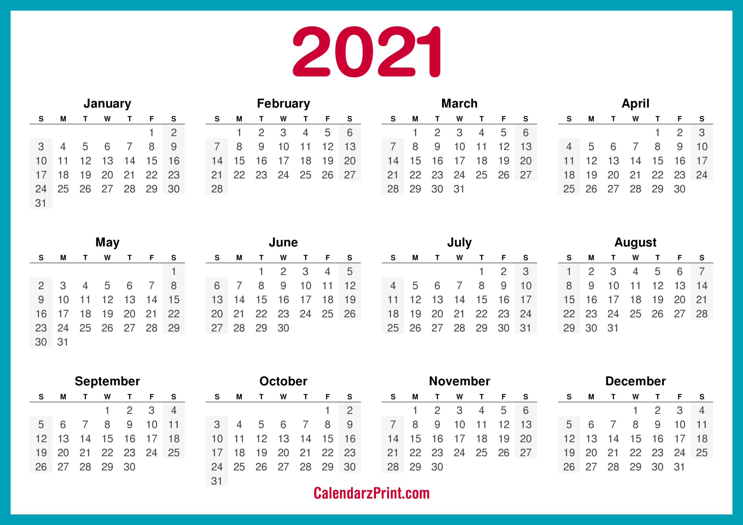 2021 Calendar Printable Free, Horizontal, Hd, Turquoise Blue
