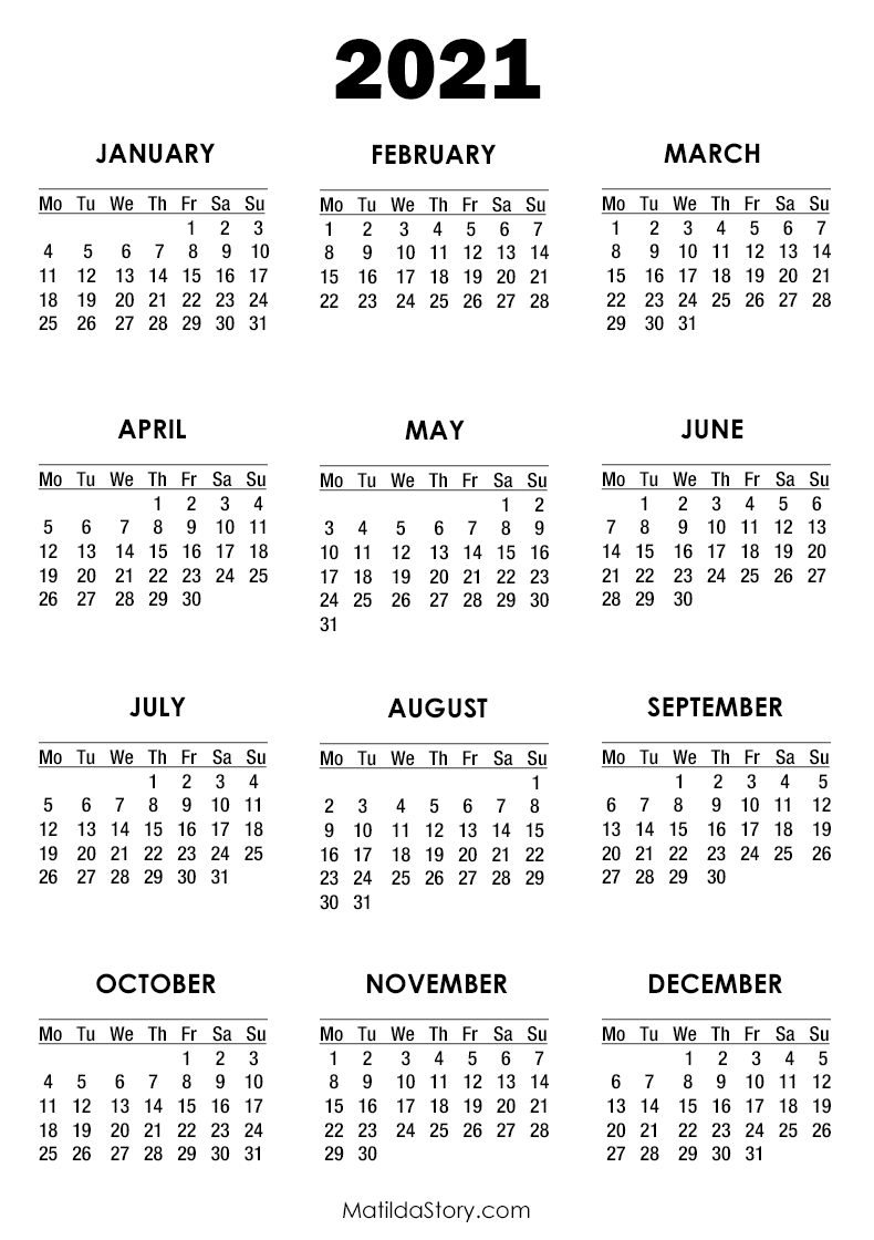 2021 Calendar Printable Free, White – Monday Start