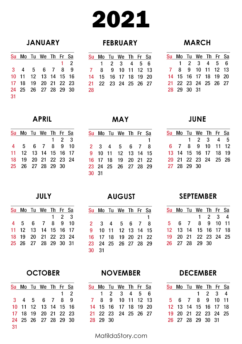 2021 Calendar Printable Free, White – Sunday Start